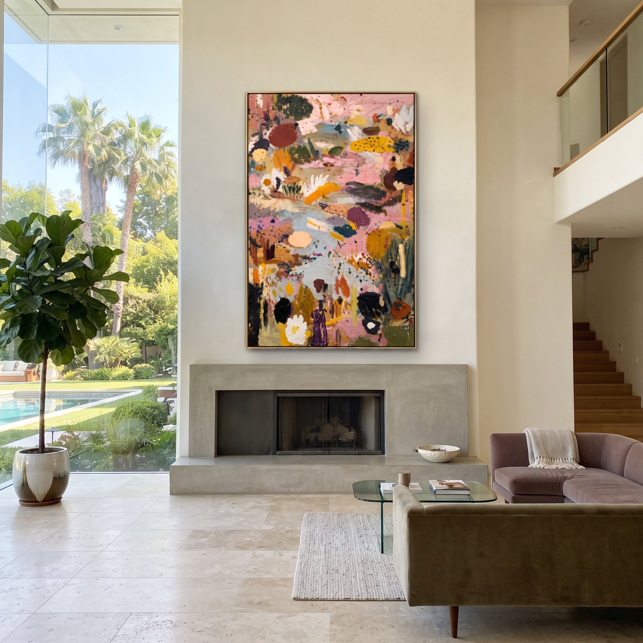"Dusty Pink Bohemian Meadow Painting" focuses on atmosphere, surface movement, and sculptural heavy impasto craftsmanship rather than a fixed literal storyline. The composition uses this hand-painted vertical canvas presents a dusty pink bohemian meadow abstract with pale blue pathways, mustard yellow floral shapes, olive green cactus-like marks, cream petals, black accents, and thick handmade texture as the visual anchor, while layered palette-knife paint, raised plaster-like texture, and