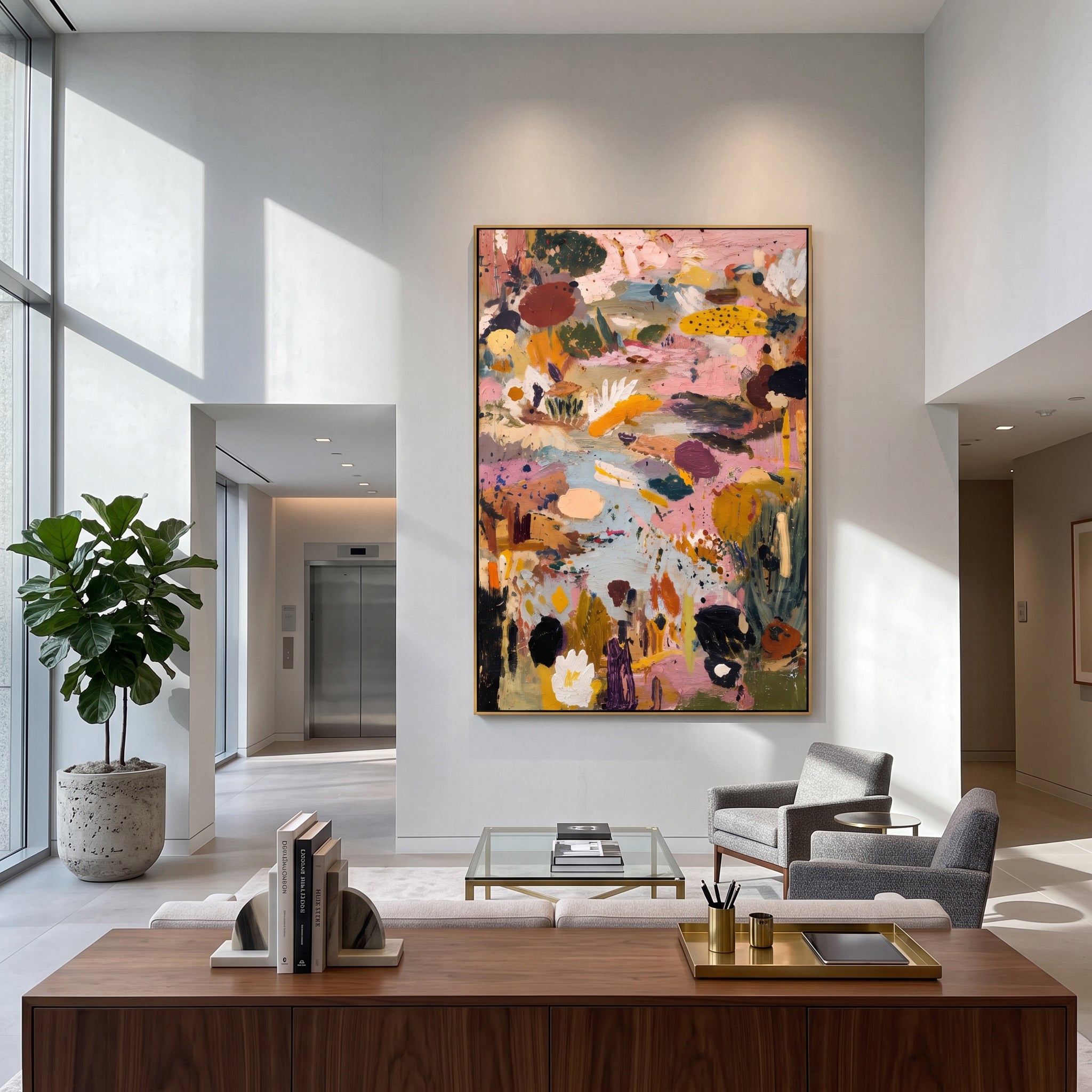 "Dusty Pink Bohemian Meadow Painting" focuses on atmosphere, surface movement, and sculptural heavy impasto craftsmanship rather than a fixed literal storyline. The composition uses this hand-painted vertical canvas presents a dusty pink bohemian meadow abstract with pale blue pathways, mustard yellow floral shapes, olive green cactus-like marks, cream petals, black accents, and thick handmade texture as the visual anchor, while layered palette-knife paint, raised plaster-like texture, and