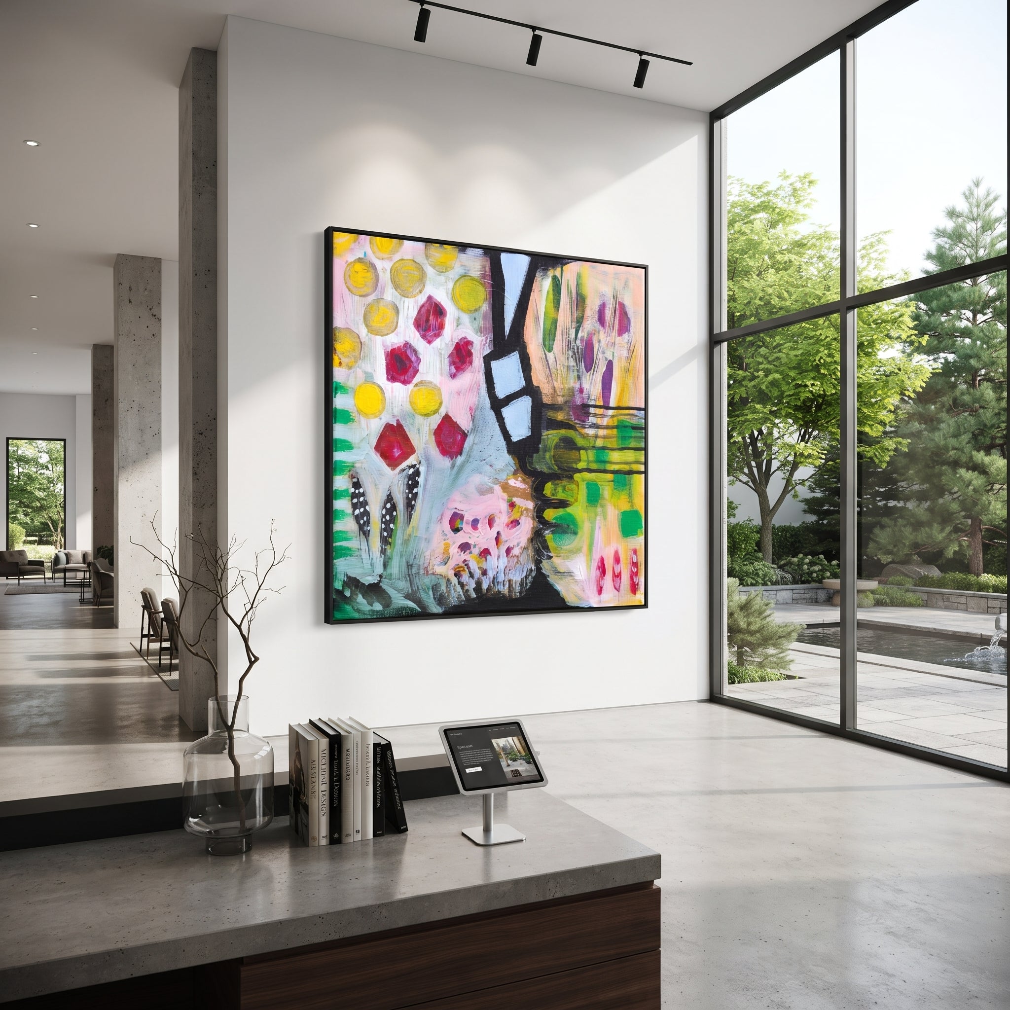"Bohemian Vase Pattern Painting" focuses on atmosphere, surface movement, and sculptural heavy impasto craftsmanship rather than a fixed literal storyline. The composition uses this hand-painted square canvas presents a bohemian vase and pattern abstract with yellow circular marks, red jewel-like shapes, black graphic structure, green blocks, pale blue forms, and lively decorative brushwork as the visual anchor, while layered palette-knife paint, raised plaster-like texture, and softened brush