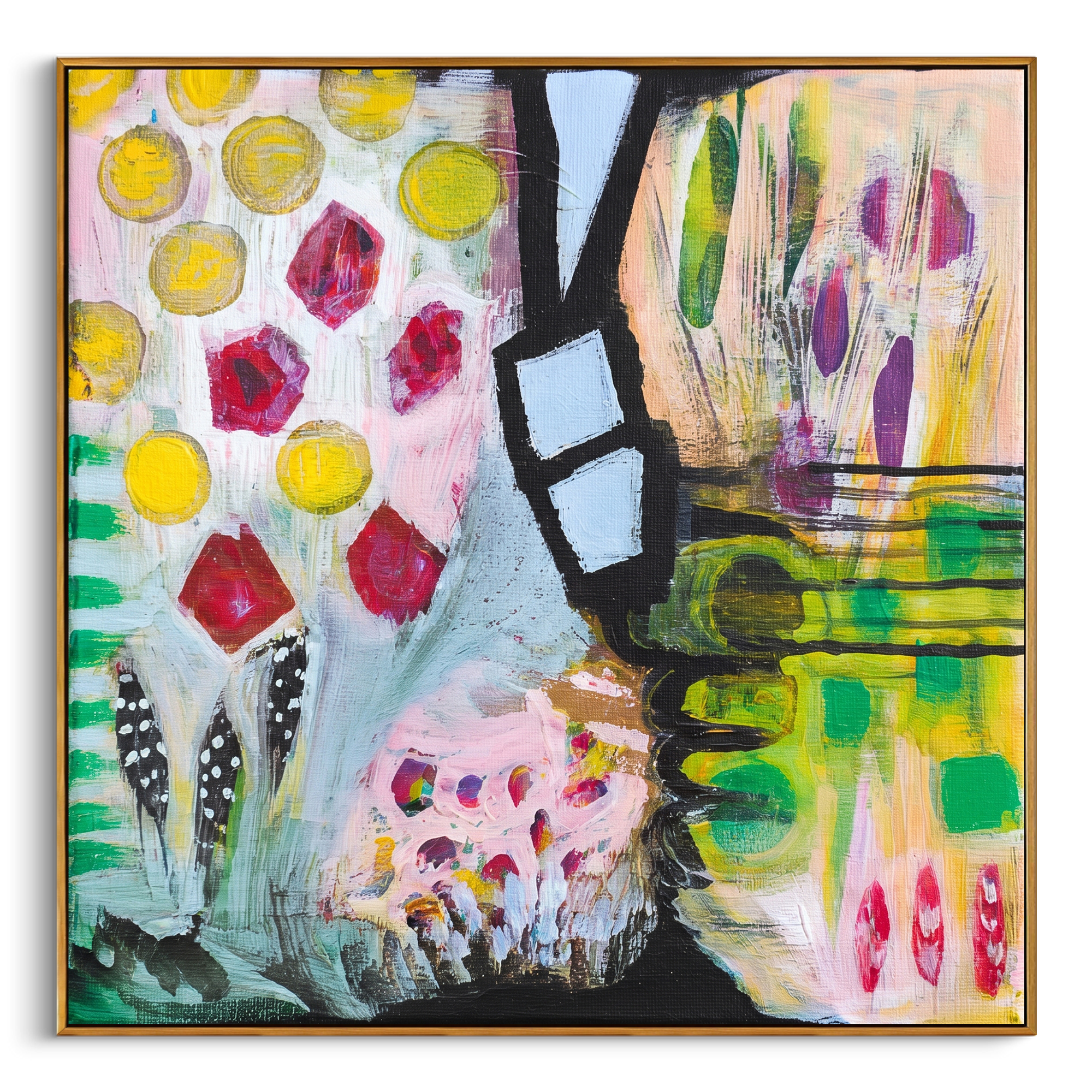 "Bohemian Vase Pattern Painting" focuses on atmosphere, surface movement, and sculptural heavy impasto craftsmanship rather than a fixed literal storyline. The composition uses this hand-painted square canvas presents a bohemian vase and pattern abstract with yellow circular marks, red jewel-like shapes, black graphic structure, green blocks, pale blue forms, and lively decorative brushwork as the visual anchor, while layered palette-knife paint, raised plaster-like texture, and softened brush