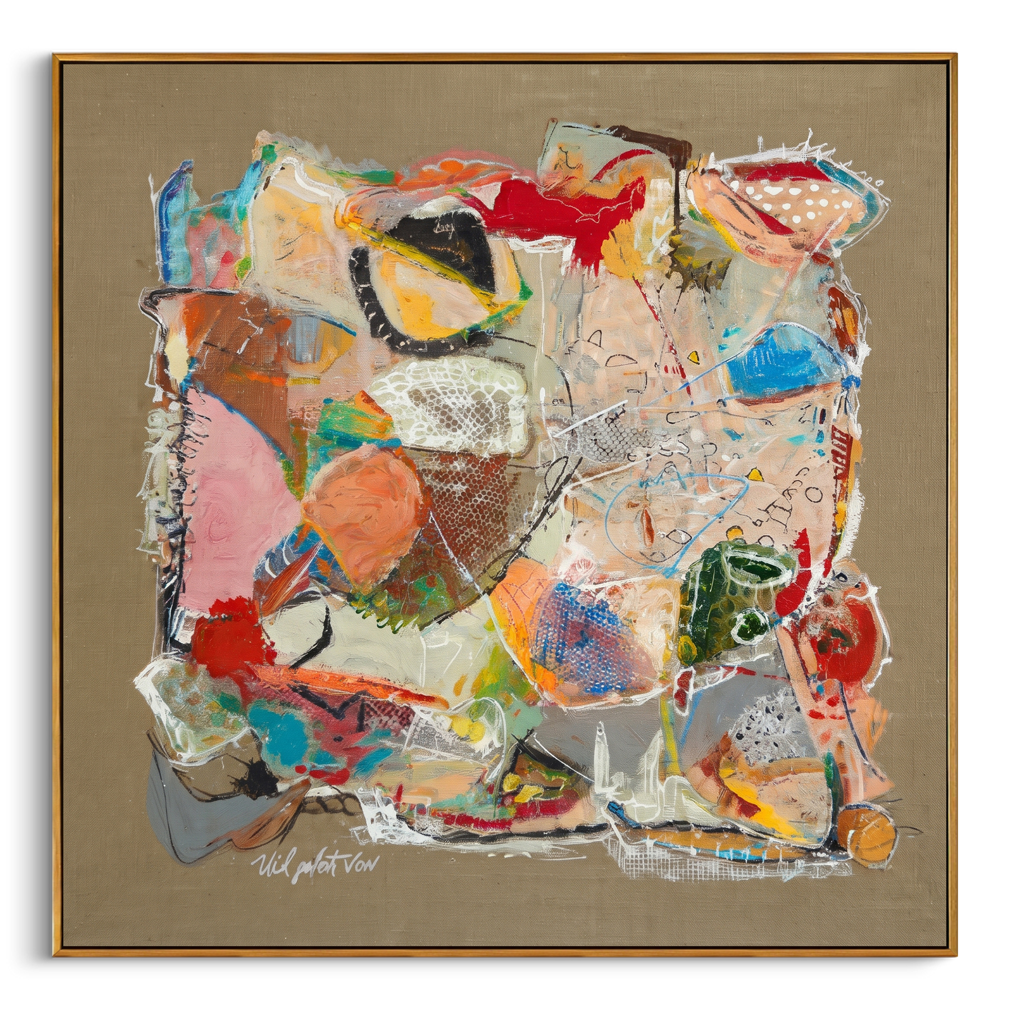 "Bohemian Mixed Media Collage Painting" focuses on atmosphere, surface movement, and sculptural heavy impasto craftsmanship rather than a fixed literal storyline. The composition uses this hand-painted square canvas presents a bohemian mixed-media style collage with taupe ground, red and coral accents, turquoise marks, cream scribble texture, black linework, and layered abstract forms as the visual anchor, while layered palette-knife paint, raised plaster-like texture, and softened brush