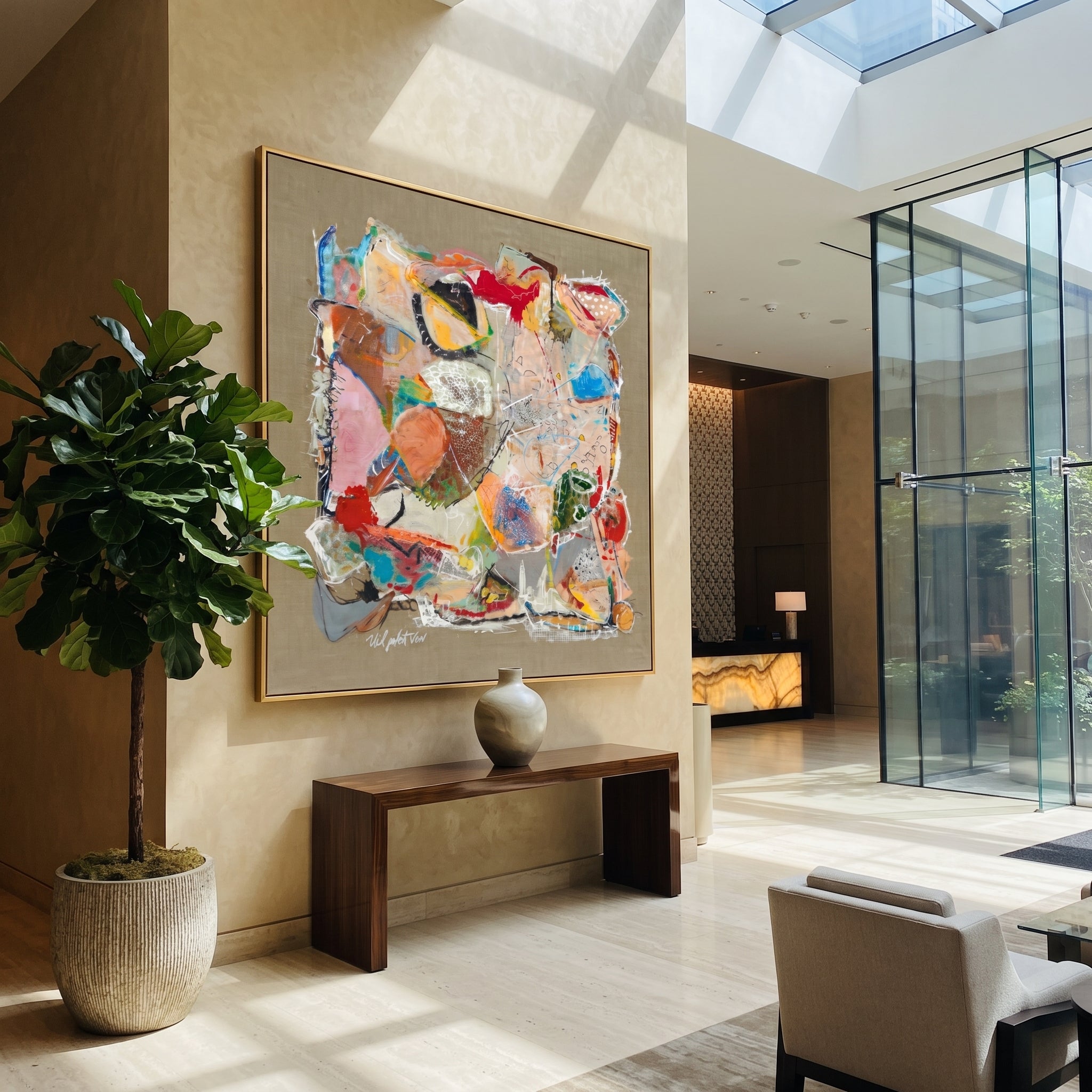 "Bohemian Mixed Media Collage Painting" focuses on atmosphere, surface movement, and sculptural heavy impasto craftsmanship rather than a fixed literal storyline. The composition uses this hand-painted square canvas presents a bohemian mixed-media style collage with taupe ground, red and coral accents, turquoise marks, cream scribble texture, black linework, and layered abstract forms as the visual anchor, while layered palette-knife paint, raised plaster-like texture, and softened brush