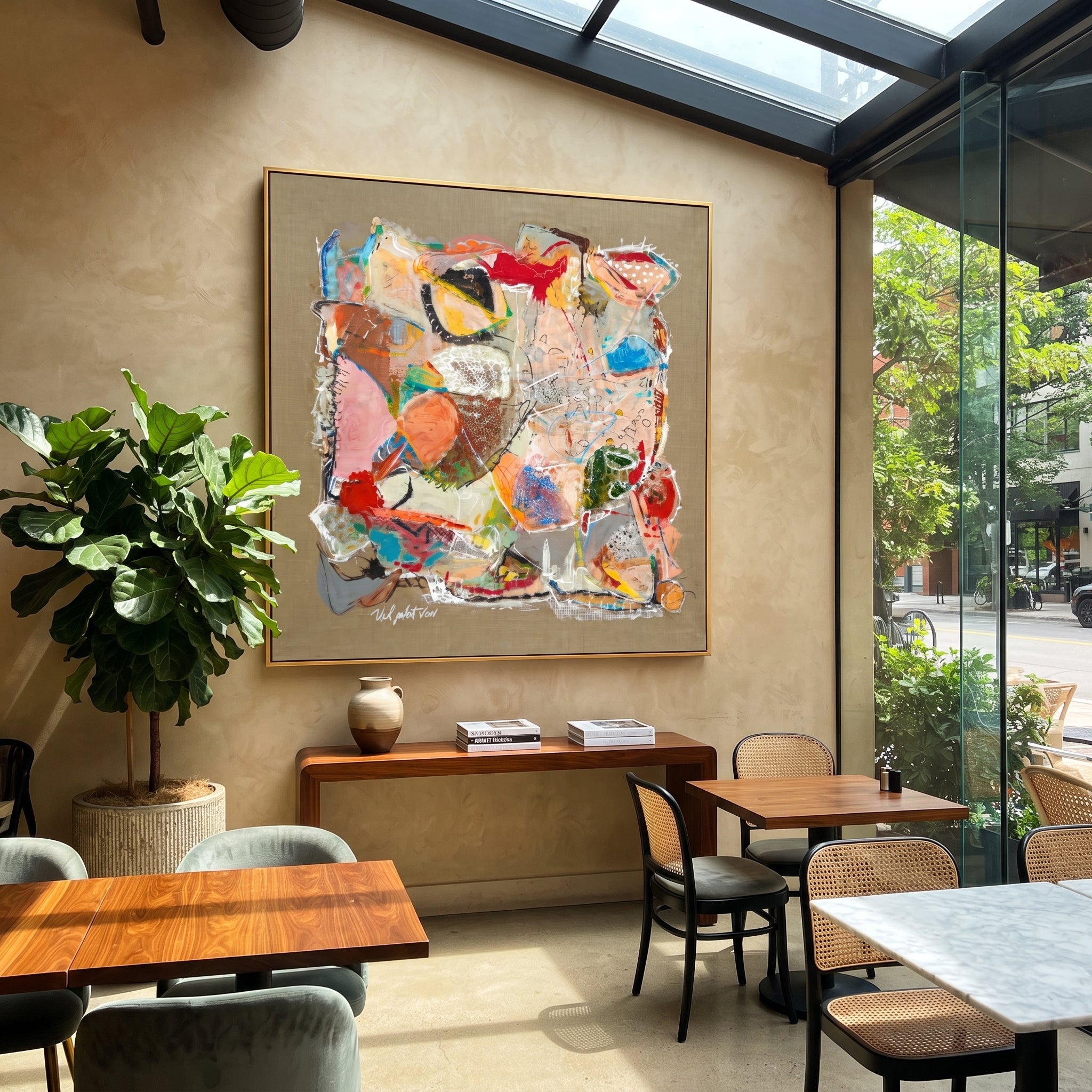 "Bohemian Mixed Media Collage Painting" focuses on atmosphere, surface movement, and sculptural heavy impasto craftsmanship rather than a fixed literal storyline. The composition uses this hand-painted square canvas presents a bohemian mixed-media style collage with taupe ground, red and coral accents, turquoise marks, cream scribble texture, black linework, and layered abstract forms as the visual anchor, while layered palette-knife paint, raised plaster-like texture, and softened brush