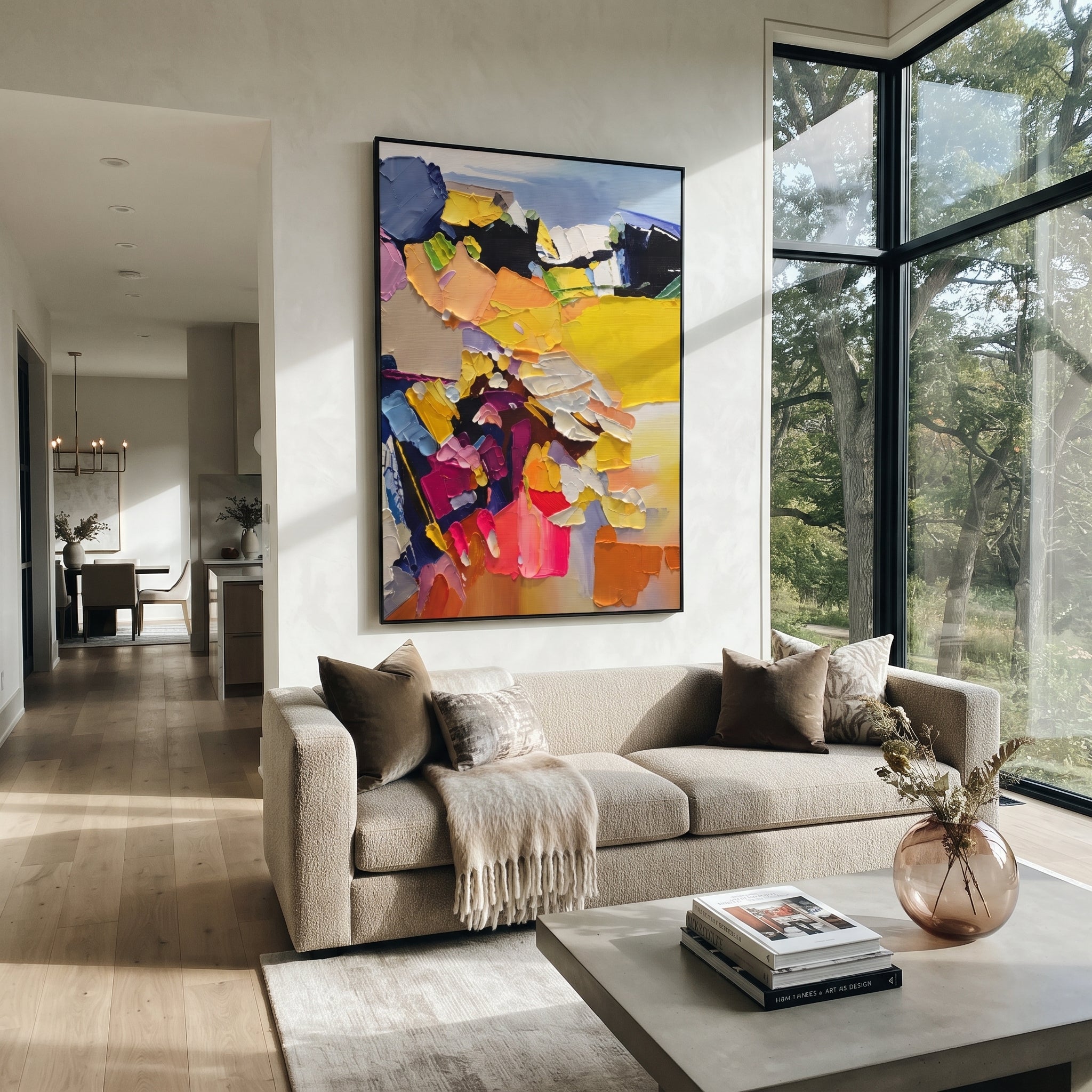"Bold Yellow Bohemian Impasto Painting" focuses on atmosphere, surface movement, and sculptural heavy impasto craftsmanship rather than a fixed literal storyline. The composition uses this hand-painted vertical canvas presents a bold bohemian impasto abstract with heavy yellow blocks, lavender and blue strokes, black contrast, pink and orange accents, and sculptural palette-knife layers as the visual anchor, while layered palette-knife paint, raised plaster-like texture, and softened brush