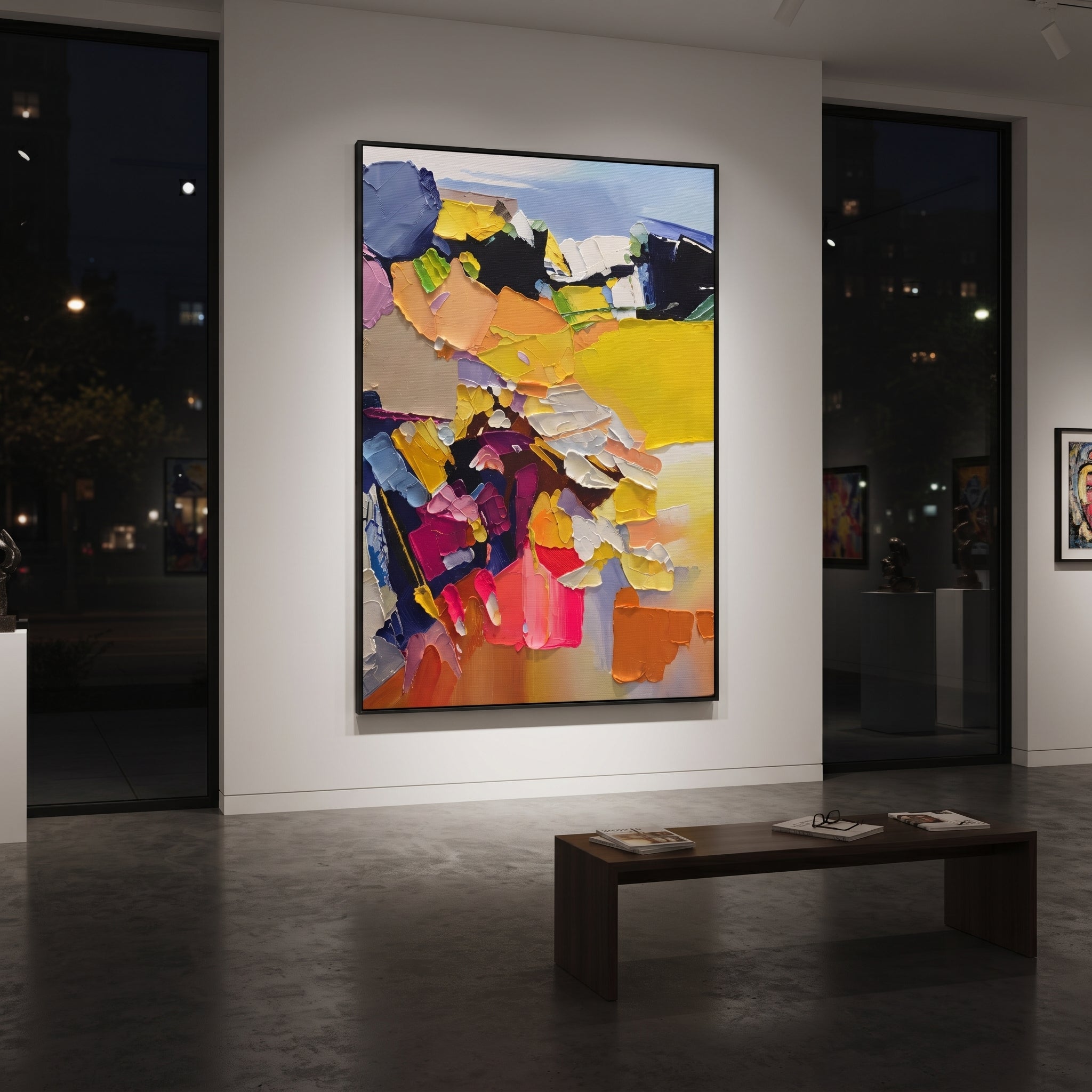 "Bold Yellow Bohemian Impasto Painting" focuses on atmosphere, surface movement, and sculptural heavy impasto craftsmanship rather than a fixed literal storyline. The composition uses this hand-painted vertical canvas presents a bold bohemian impasto abstract with heavy yellow blocks, lavender and blue strokes, black contrast, pink and orange accents, and sculptural palette-knife layers as the visual anchor, while layered palette-knife paint, raised plaster-like texture, and softened brush