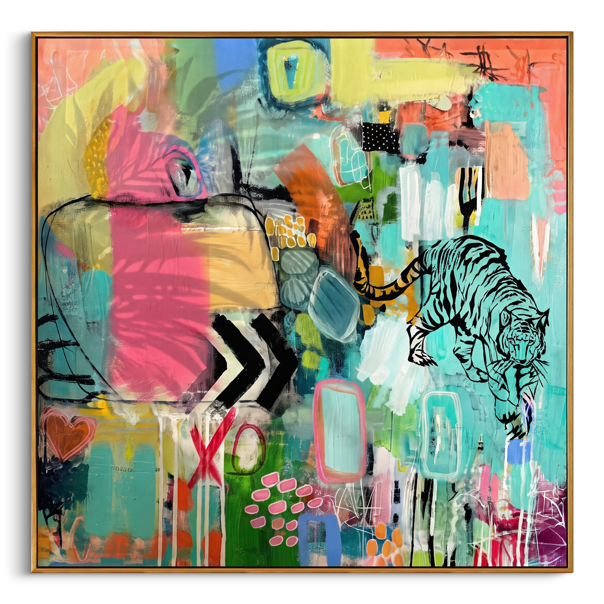"Bohemian Tiger Pop Abstract Painting" focuses on atmosphere, surface movement, and sculptural heavy impasto craftsmanship rather than a fixed literal storyline. The composition uses this hand-painted square canvas presents a vivid bohemian pop abstract with a black tiger line drawing, turquoise ground, hot pink blocks, lime and yellow passages, graphic marks, and layered urban texture as the visual anchor, while layered palette-knife paint, raised plaster-like texture, and softened brush