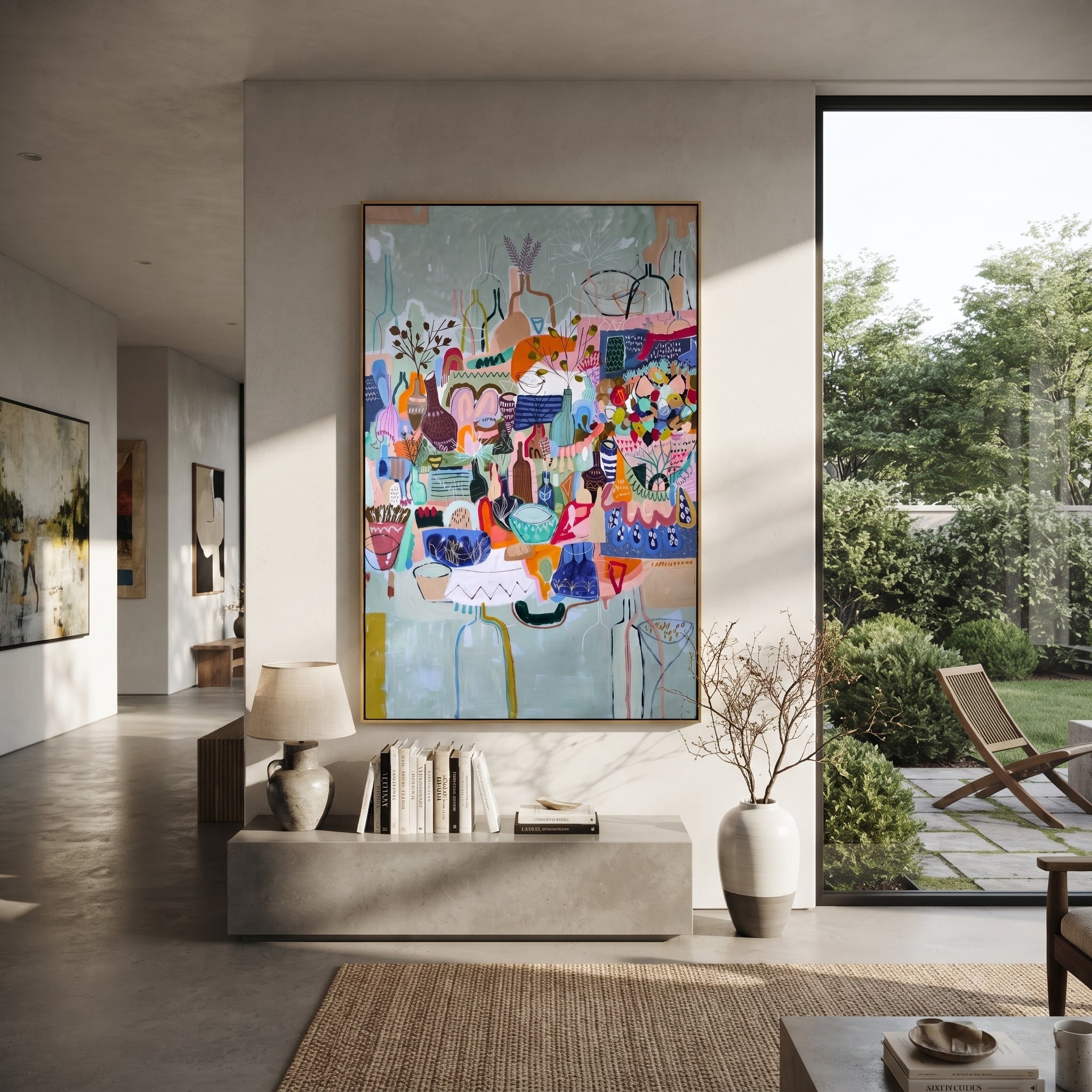 "Bohemian Vase Market Painting" focuses on atmosphere, surface movement, and sculptural heavy impasto craftsmanship rather than a fixed literal storyline. The composition uses this hand-painted vertical canvas presents a colorful bohemian still-life market scene with layered vases, bowls, patterned vessels, botanical stems, blue background, coral accents, and decorative handmade texture as the visual anchor, while layered palette-knife paint, raised plaster-like texture, and softened brush