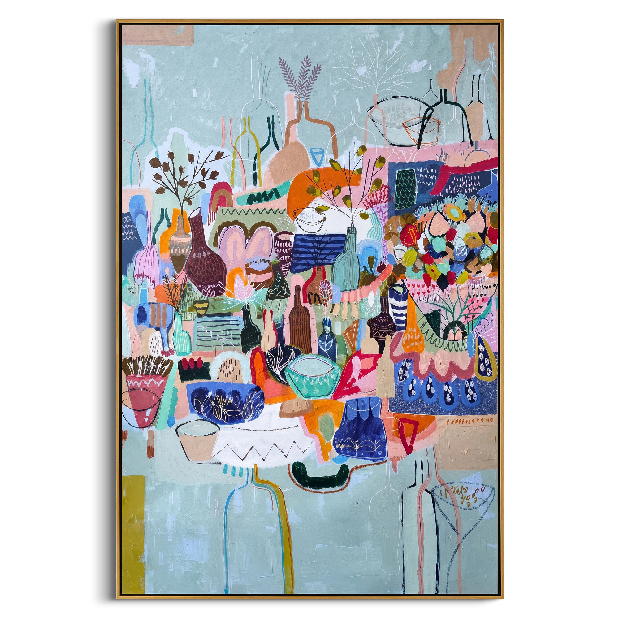 "Bohemian Vase Market Painting" focuses on atmosphere, surface movement, and sculptural heavy impasto craftsmanship rather than a fixed literal storyline. The composition uses this hand-painted vertical canvas presents a colorful bohemian still-life market scene with layered vases, bowls, patterned vessels, botanical stems, blue background, coral accents, and decorative handmade texture as the visual anchor, while layered palette-knife paint, raised plaster-like texture, and softened brush