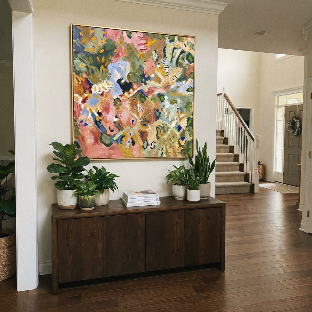 "Bohemian Leaf Pattern Painting" focuses on atmosphere, surface movement, and sculptural heavy impasto craftsmanship rather than a fixed literal storyline. The composition uses this hand-painted square canvas presents a dense bohemian leaf-pattern abstract with olive green foliage shapes, dusty pink and terracotta patches, soft blue marks, mustard accents, cream strokes, and thick impasto surface as the visual anchor, while layered palette-knife paint, raised plaster-like texture, and softened