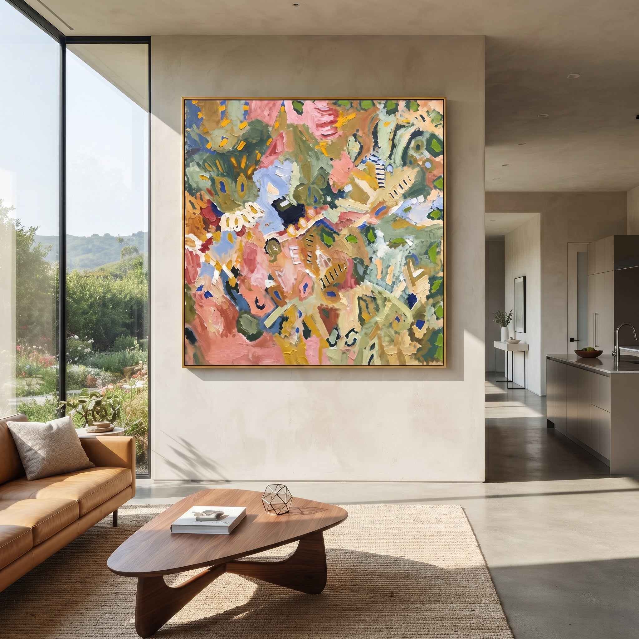 "Bohemian Leaf Pattern Painting" focuses on atmosphere, surface movement, and sculptural heavy impasto craftsmanship rather than a fixed literal storyline. The composition uses this hand-painted square canvas presents a dense bohemian leaf-pattern abstract with olive green foliage shapes, dusty pink and terracotta patches, soft blue marks, mustard accents, cream strokes, and thick impasto surface as the visual anchor, while layered palette-knife paint, raised plaster-like texture, and softened