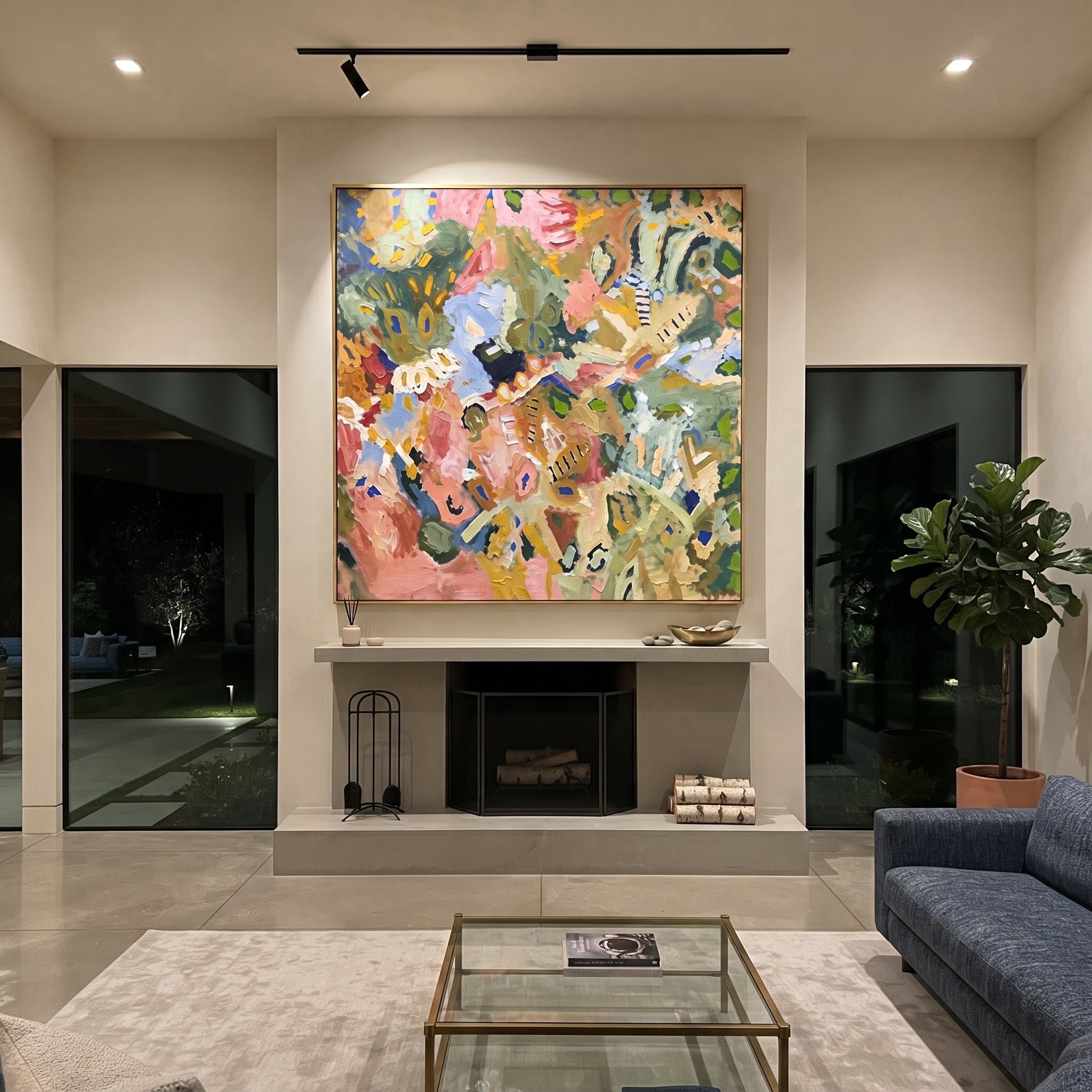 "Bohemian Leaf Pattern Painting" focuses on atmosphere, surface movement, and sculptural heavy impasto craftsmanship rather than a fixed literal storyline. The composition uses this hand-painted square canvas presents a dense bohemian leaf-pattern abstract with olive green foliage shapes, dusty pink and terracotta patches, soft blue marks, mustard accents, cream strokes, and thick impasto surface as the visual anchor, while layered palette-knife paint, raised plaster-like texture, and softened
