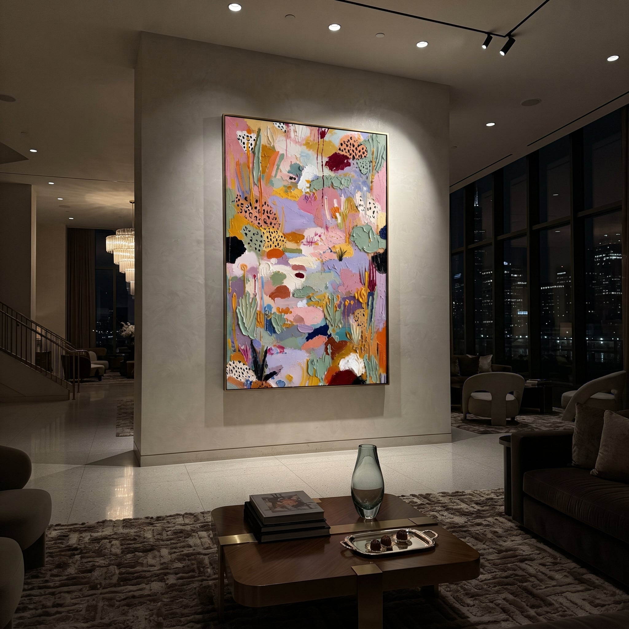 "Lavender Bohemian Garden Painting" focuses on atmosphere, surface movement, and sculptural heavy impasto craftsmanship rather than a fixed literal storyline. The composition uses this hand-painted vertical canvas presents a lavender and pink bohemian garden abstract with sage green leaves, spotted petal forms, ochre stems, cream passages, and thick raised impasto texture as the visual anchor, while layered palette-knife paint, raised plaster-like texture, and softened brush movement create