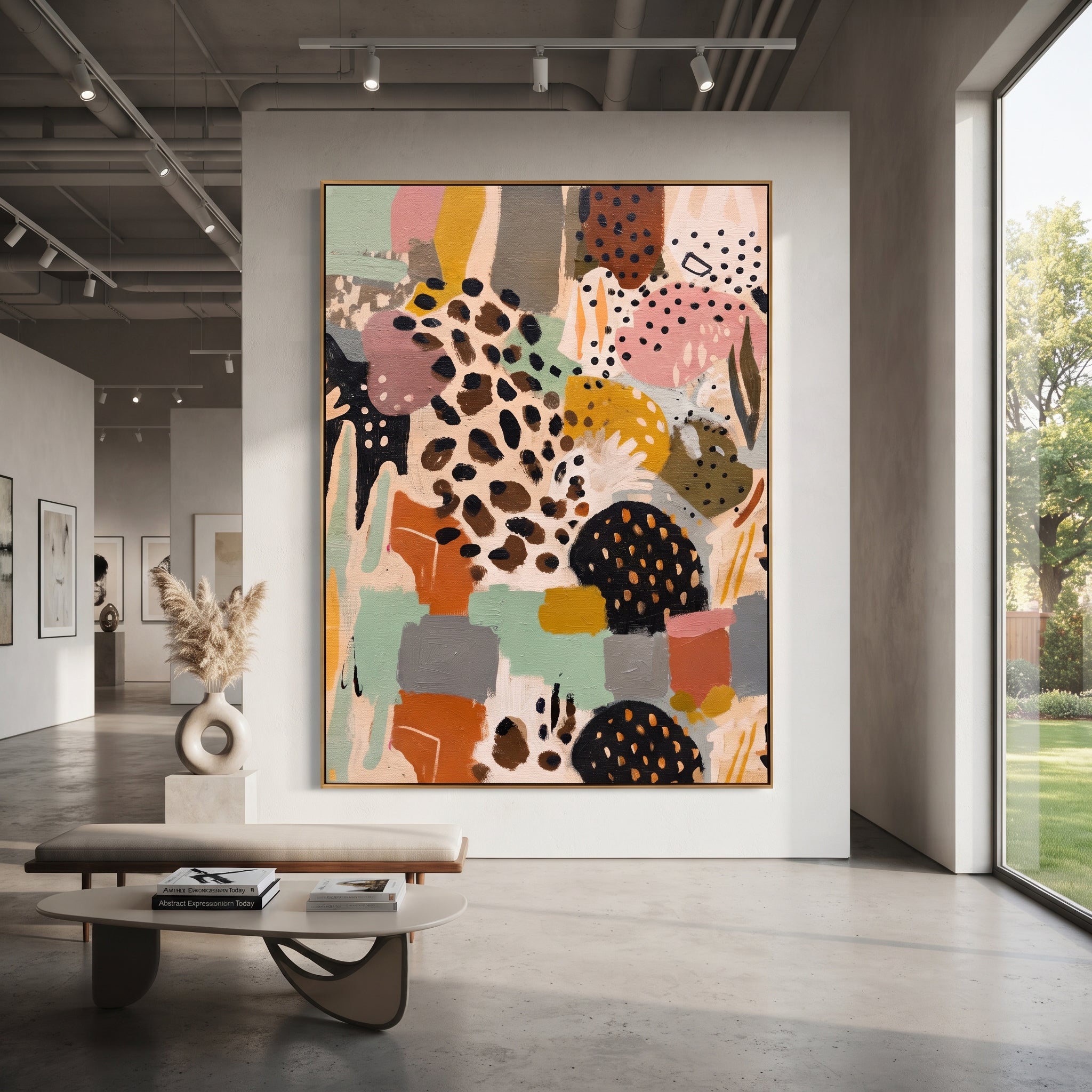 "Bohemian Animal Pattern Painting" focuses on atmosphere, surface movement, and sculptural heavy impasto craftsmanship rather than a fixed literal storyline. The composition uses this hand-painted vertical canvas presents a bohemian animal-pattern abstract with spotted hide-like forms, black dotted motifs, terracotta blocks, mint green fields, grey panels, and graphic decorative rhythm as the visual anchor, while layered palette-knife paint, raised plaster-like texture, and softened brush