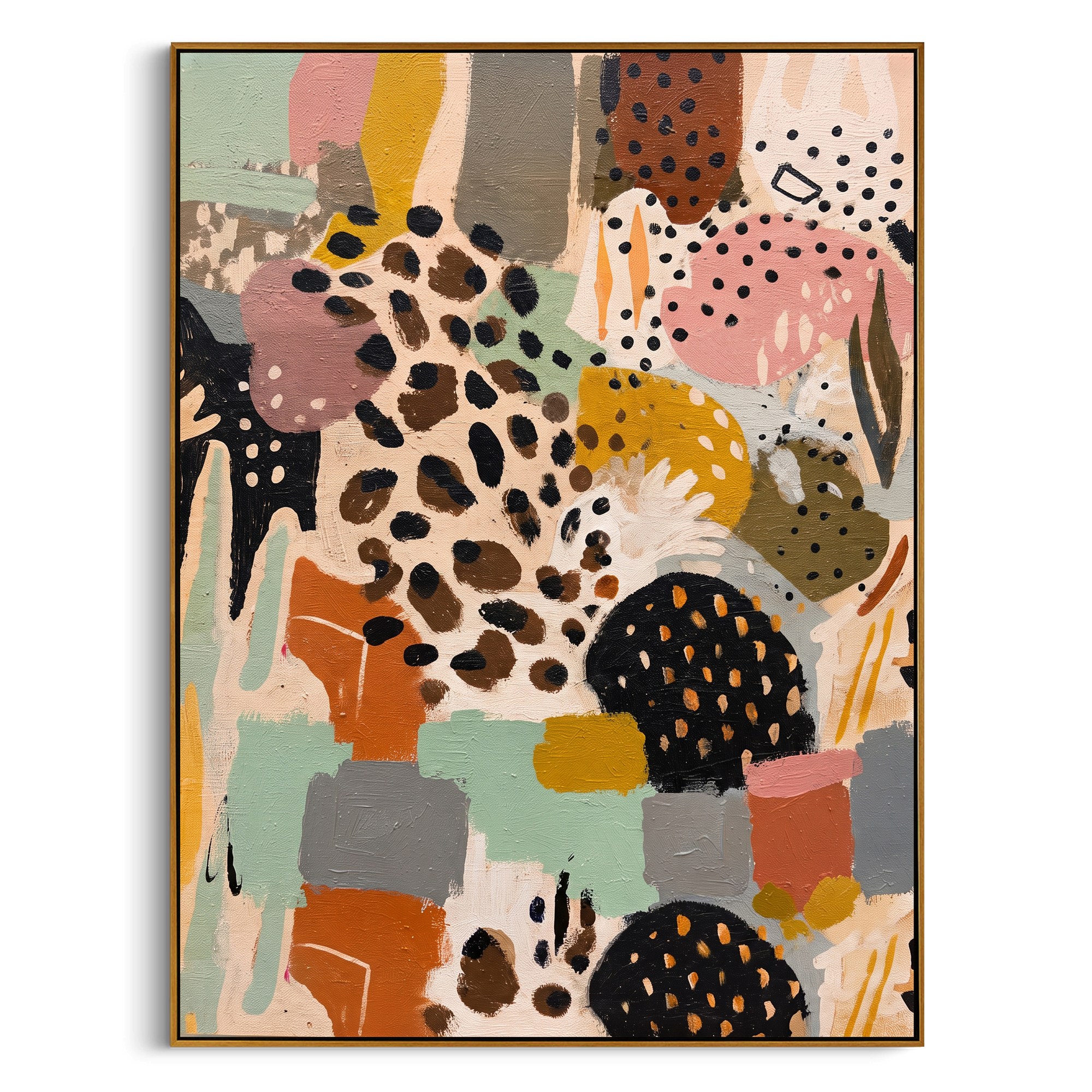 "Bohemian Animal Pattern Painting" focuses on atmosphere, surface movement, and sculptural heavy impasto craftsmanship rather than a fixed literal storyline. The composition uses this hand-painted vertical canvas presents a bohemian animal-pattern abstract with spotted hide-like forms, black dotted motifs, terracotta blocks, mint green fields, grey panels, and graphic decorative rhythm as the visual anchor, while layered palette-knife paint, raised plaster-like texture, and softened brush