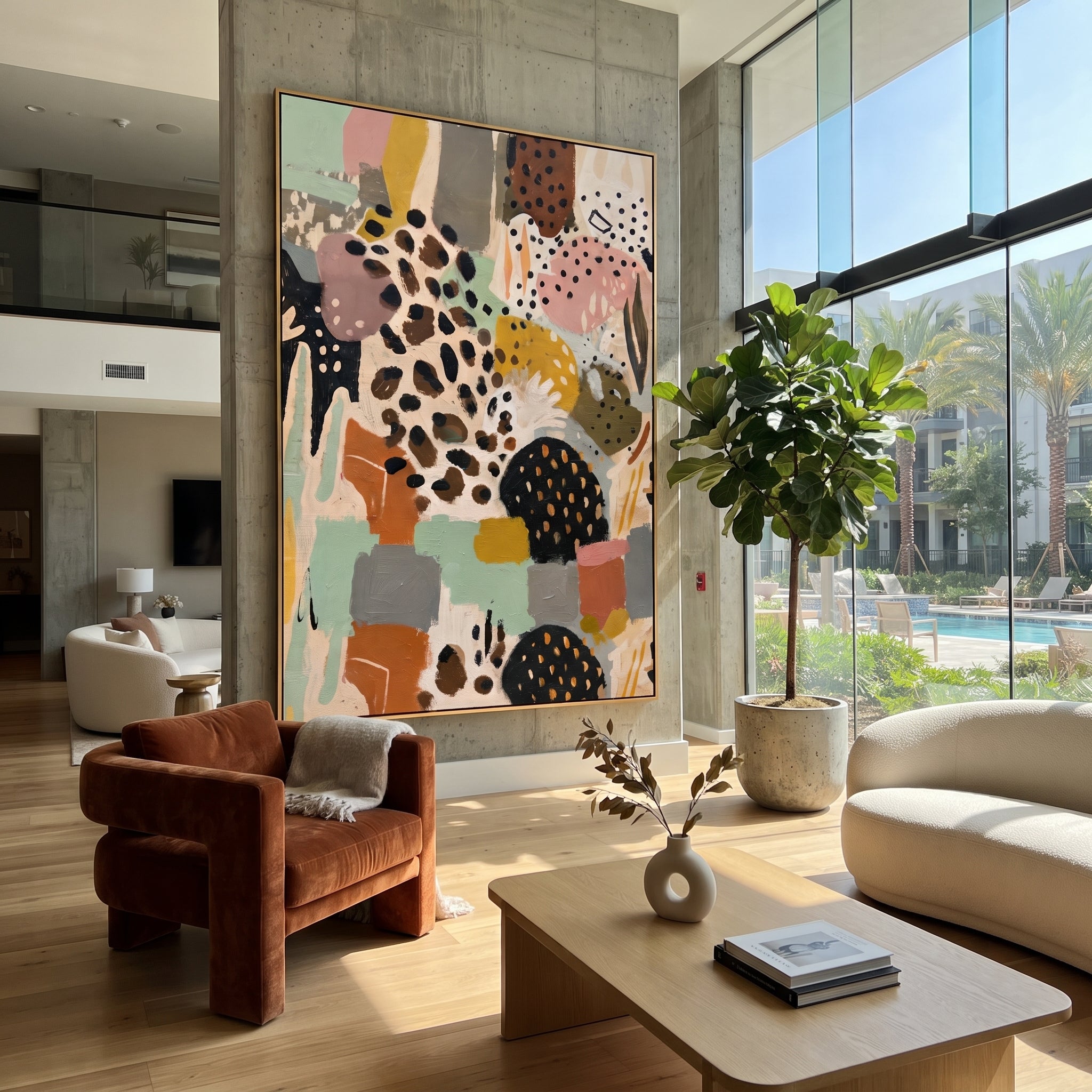 "Bohemian Animal Pattern Painting" focuses on atmosphere, surface movement, and sculptural heavy impasto craftsmanship rather than a fixed literal storyline. The composition uses this hand-painted vertical canvas presents a bohemian animal-pattern abstract with spotted hide-like forms, black dotted motifs, terracotta blocks, mint green fields, grey panels, and graphic decorative rhythm as the visual anchor, while layered palette-knife paint, raised plaster-like texture, and softened brush