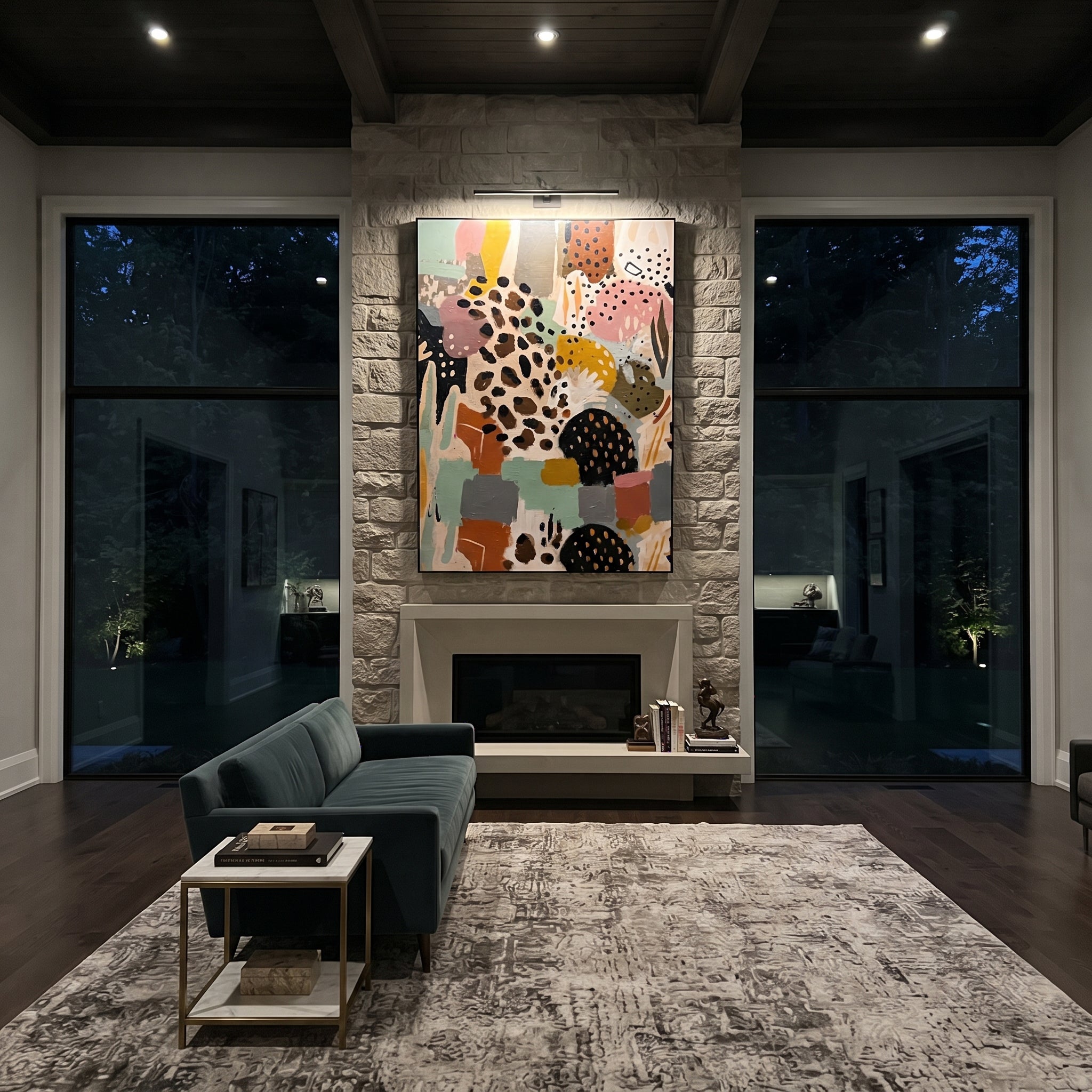 "Bohemian Animal Pattern Painting" focuses on atmosphere, surface movement, and sculptural heavy impasto craftsmanship rather than a fixed literal storyline. The composition uses this hand-painted vertical canvas presents a bohemian animal-pattern abstract with spotted hide-like forms, black dotted motifs, terracotta blocks, mint green fields, grey panels, and graphic decorative rhythm as the visual anchor, while layered palette-knife paint, raised plaster-like texture, and softened brush