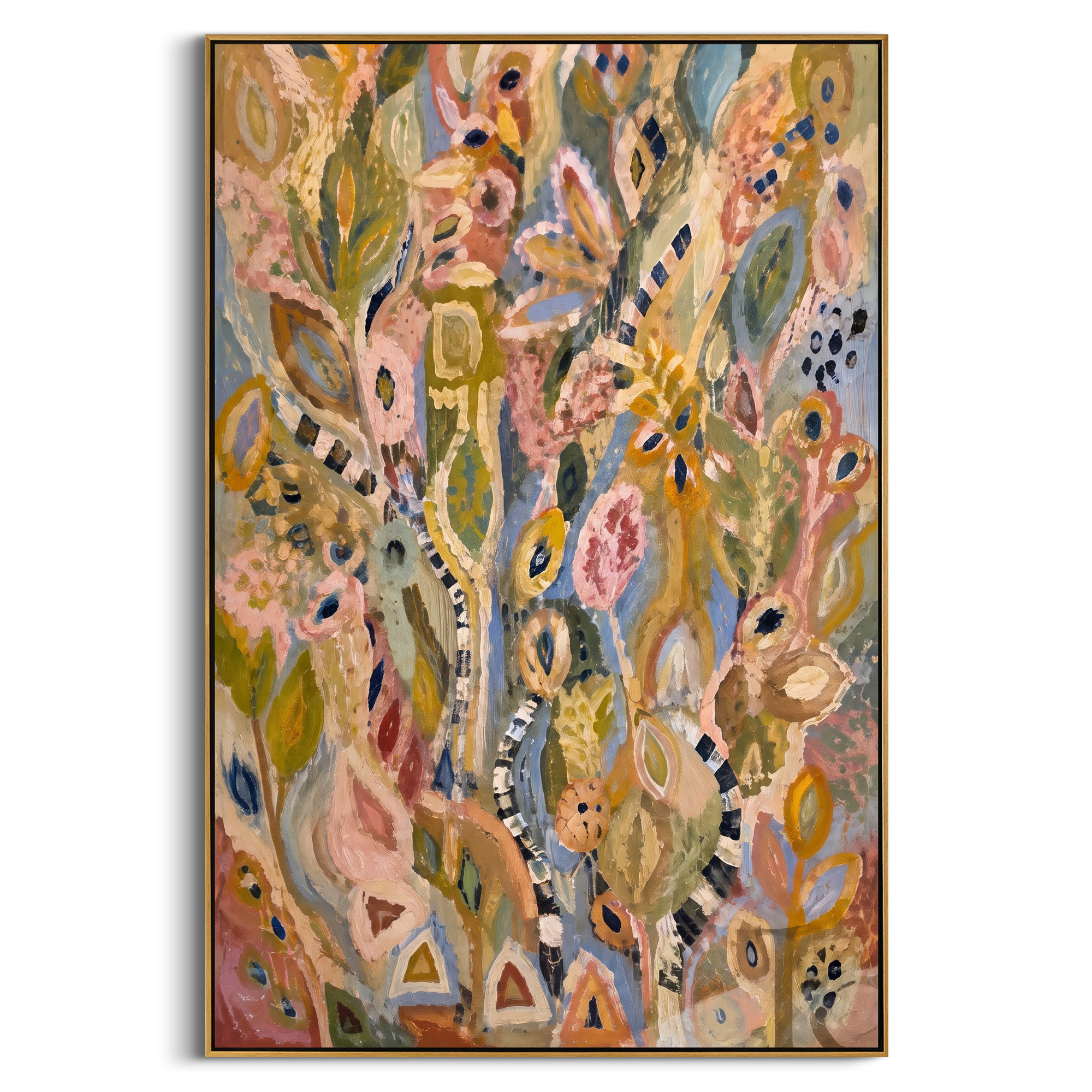 "Bohemian Folk Botanical Painting" focuses on atmosphere, surface movement, and sculptural heavy impasto craftsmanship rather than a fixed literal storyline. The composition uses this hand-painted vertical canvas presents a bohemian folk botanical abstract with tall leafy stems, eye-like floral motifs, dusty pink and ochre tones, soft blue accents, striped marks, and weathered handmade texture as the visual anchor, while layered palette-knife paint, raised plaster-like texture, and softened