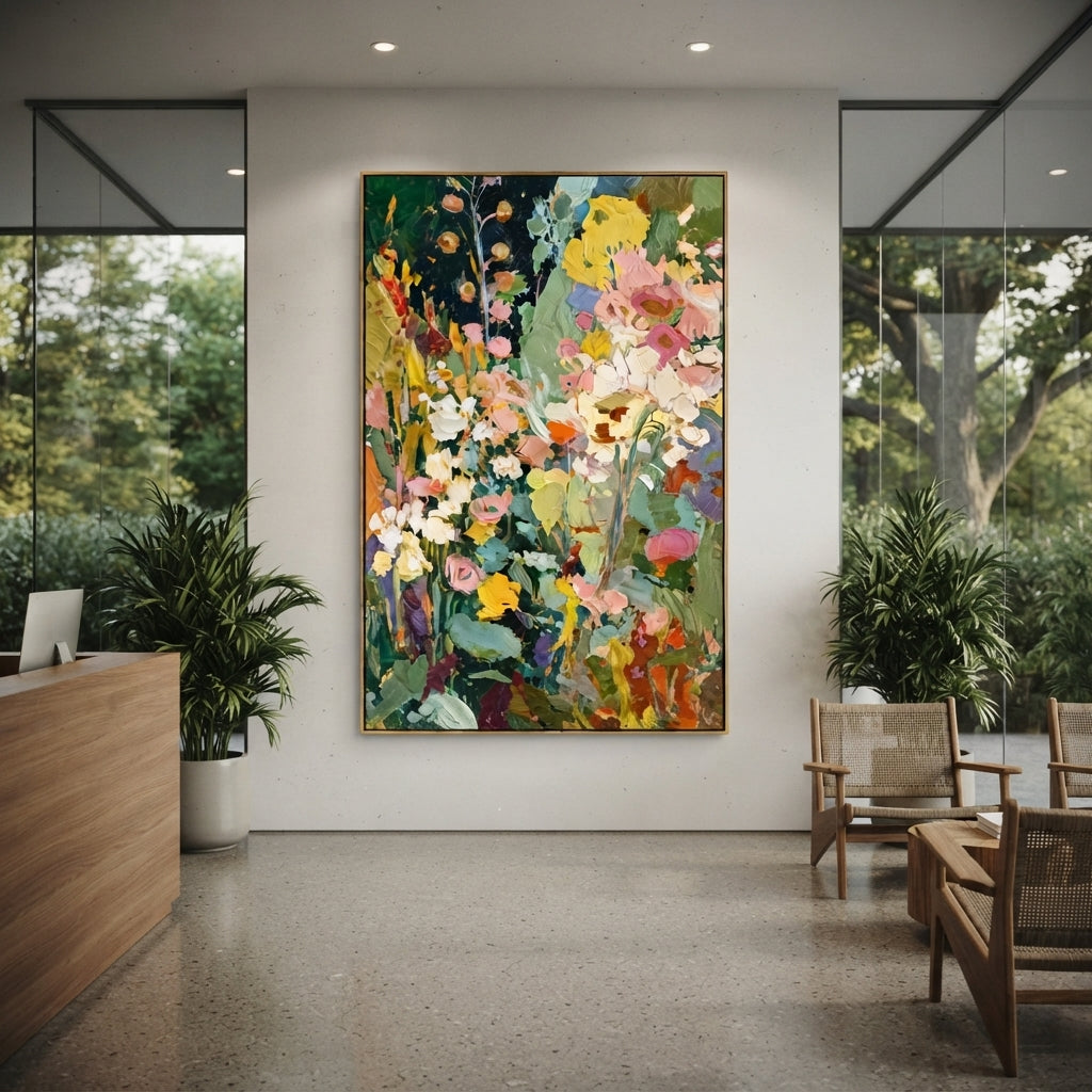 "Dark Green Bohemian Floral Painting" focuses on atmosphere, surface movement, and sculptural heavy impasto craftsmanship rather than a fixed literal storyline. The composition uses this hand-painted vertical canvas presents a lush bohemian floral garden with deep green background, white and cream blossoms, yellow flowers, pink petals, teal leaves, and sculptural palette-knife texture as the visual anchor, while layered palette-knife paint, raised plaster-like texture, and softened brush