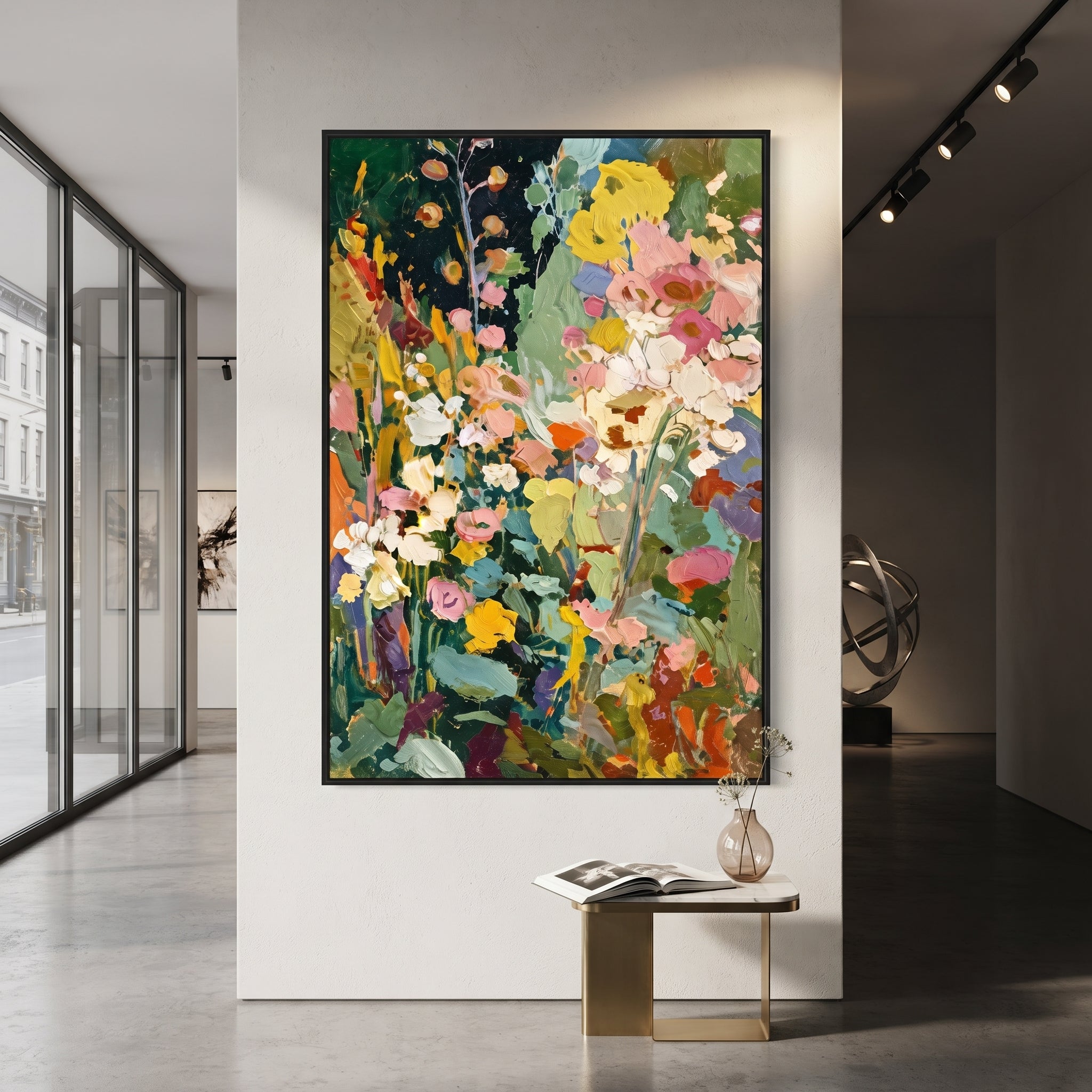 "Dark Green Bohemian Floral Painting" focuses on atmosphere, surface movement, and sculptural heavy impasto craftsmanship rather than a fixed literal storyline. The composition uses this hand-painted vertical canvas presents a lush bohemian floral garden with deep green background, white and cream blossoms, yellow flowers, pink petals, teal leaves, and sculptural palette-knife texture as the visual anchor, while layered palette-knife paint, raised plaster-like texture, and softened brush