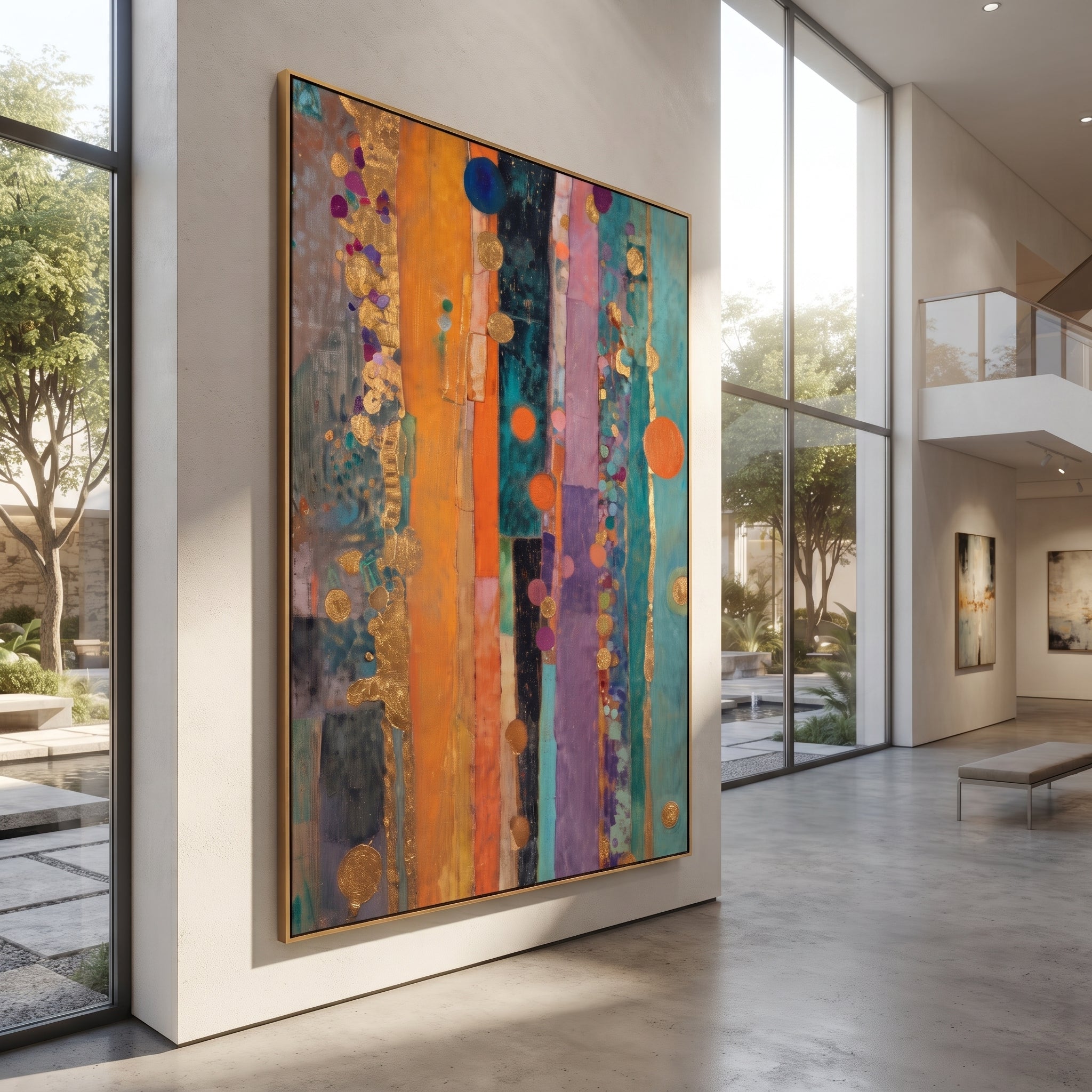 "Bohemian Vertical Stripe Painting" focuses on atmosphere, surface movement, and sculptural heavy impasto craftsmanship rather than a fixed literal storyline. The composition uses this hand-painted vertical canvas presents a bohemian stripe abstract with turquoise panels, orange and purple vertical bands, black accents, metallic golden circles, dotted color clusters, and layered decorative texture as the visual anchor, while layered palette-knife paint, raised plaster-like texture, and softened