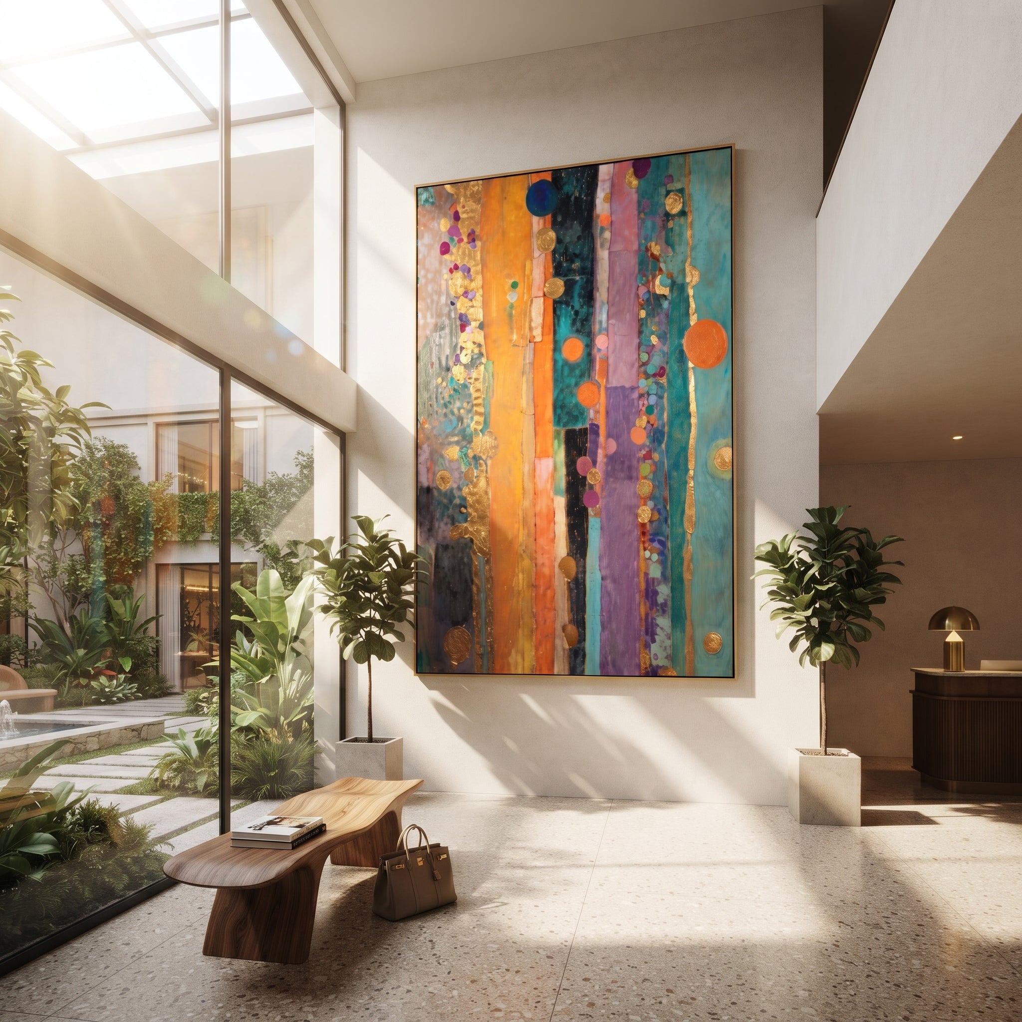 "Bohemian Vertical Stripe Painting" focuses on atmosphere, surface movement, and sculptural heavy impasto craftsmanship rather than a fixed literal storyline. The composition uses this hand-painted vertical canvas presents a bohemian stripe abstract with turquoise panels, orange and purple vertical bands, black accents, metallic golden circles, dotted color clusters, and layered decorative texture as the visual anchor, while layered palette-knife paint, raised plaster-like texture, and softened