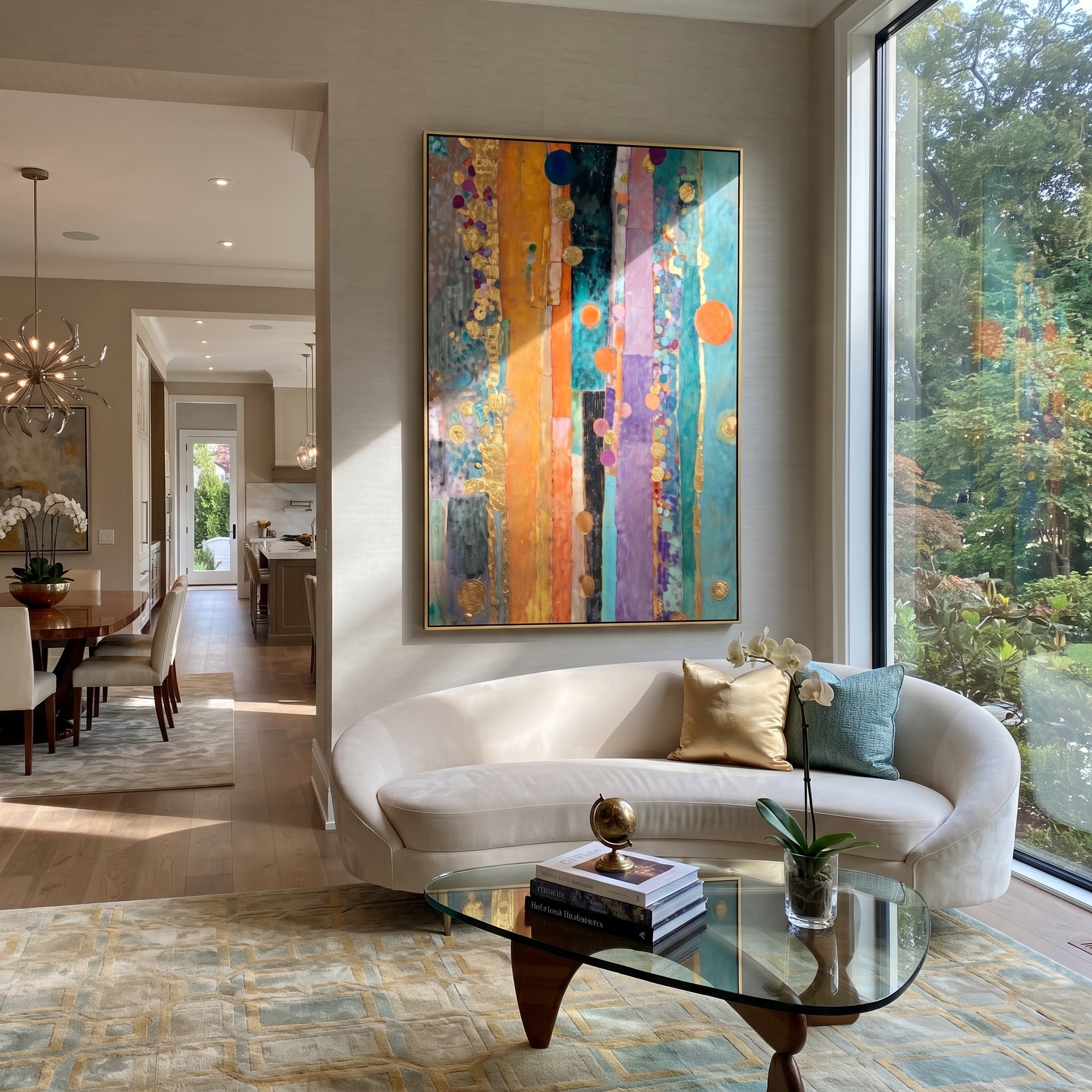 "Bohemian Vertical Stripe Painting" focuses on atmosphere, surface movement, and sculptural heavy impasto craftsmanship rather than a fixed literal storyline. The composition uses this hand-painted vertical canvas presents a bohemian stripe abstract with turquoise panels, orange and purple vertical bands, black accents, metallic golden circles, dotted color clusters, and layered decorative texture as the visual anchor, while layered palette-knife paint, raised plaster-like texture, and softened