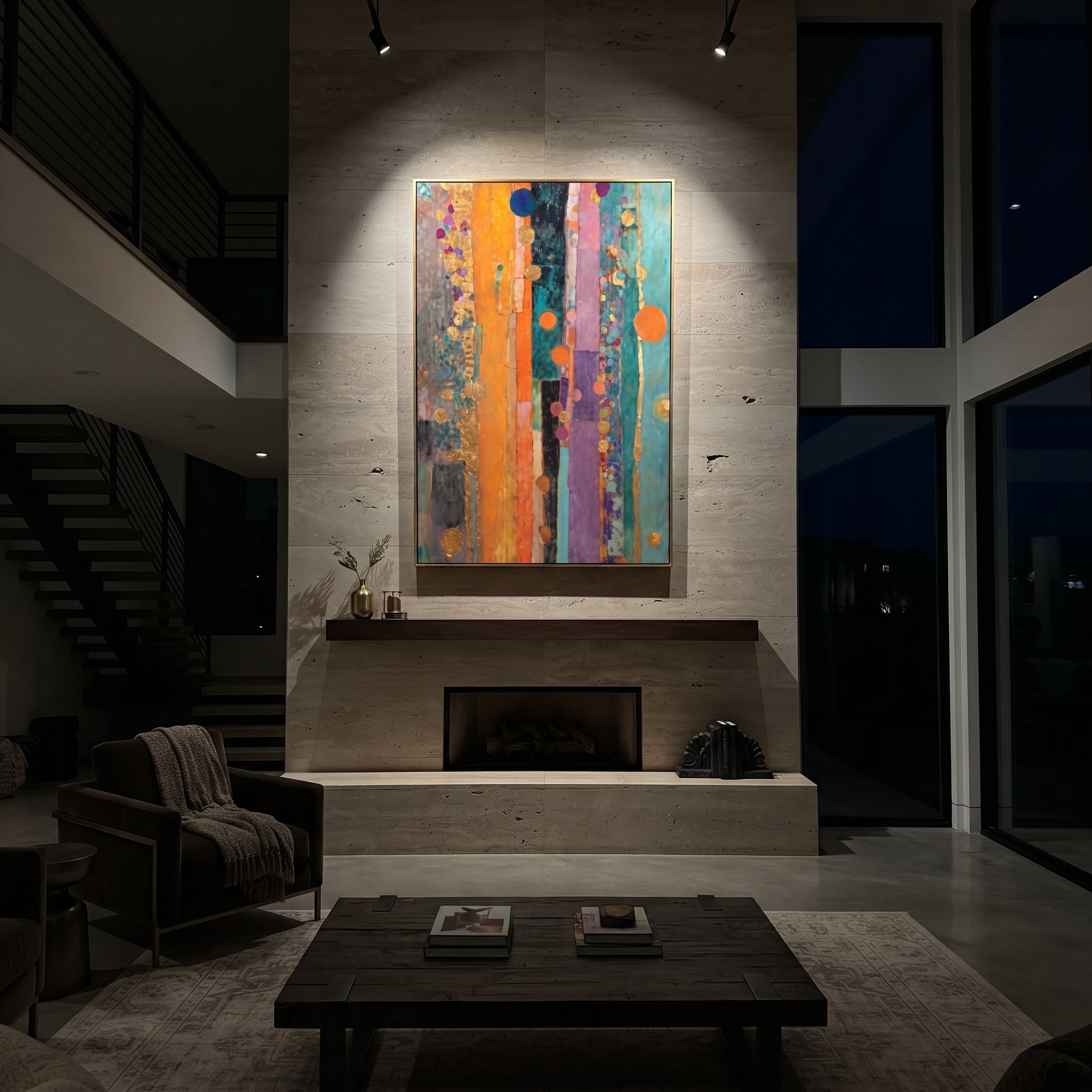 "Bohemian Vertical Stripe Painting" focuses on atmosphere, surface movement, and sculptural heavy impasto craftsmanship rather than a fixed literal storyline. The composition uses this hand-painted vertical canvas presents a bohemian stripe abstract with turquoise panels, orange and purple vertical bands, black accents, metallic golden circles, dotted color clusters, and layered decorative texture as the visual anchor, while layered palette-knife paint, raised plaster-like texture, and softened
