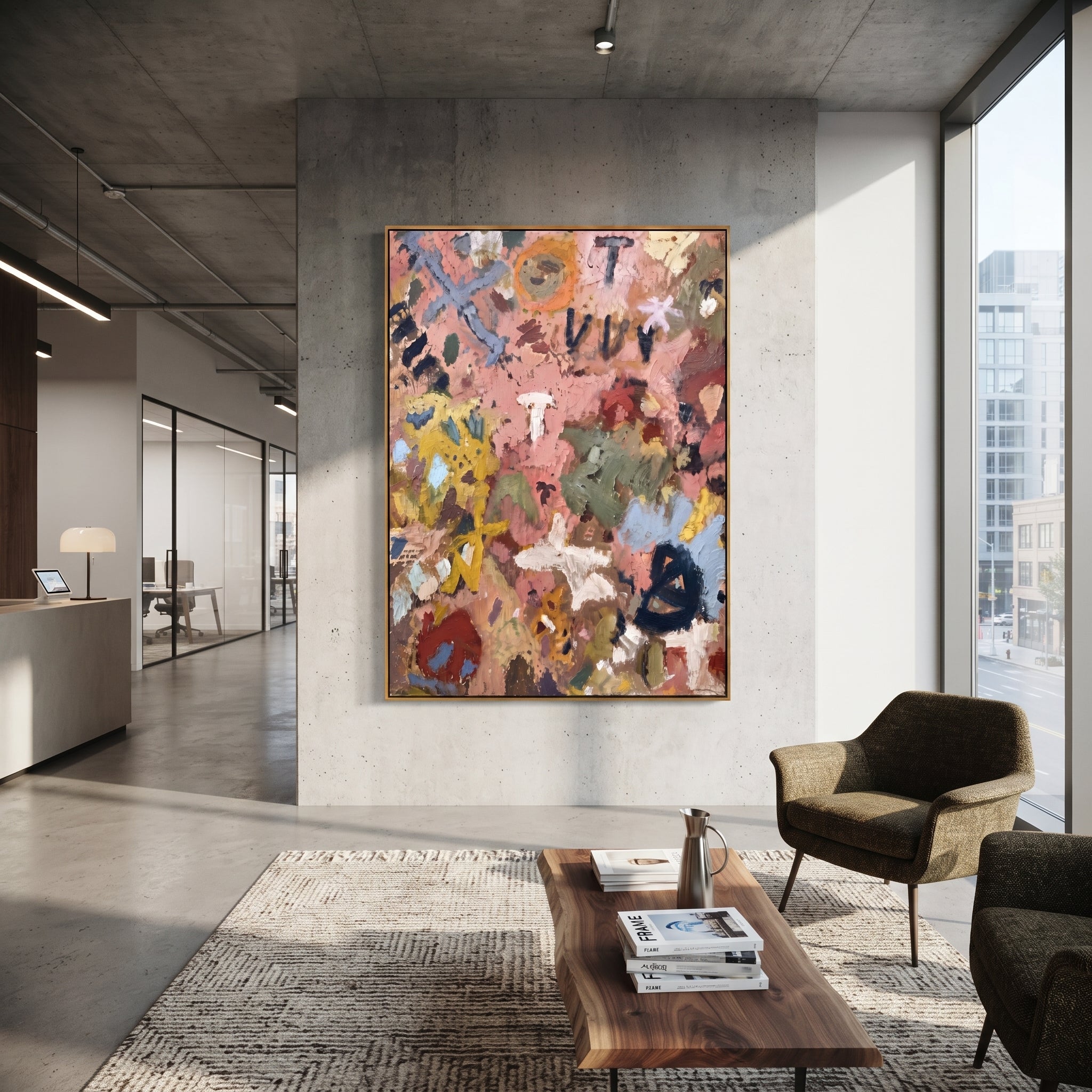 "Warm Bohemian Symbol Painting" focuses on atmosphere, surface movement, and sculptural heavy impasto craftsmanship rather than a fixed literal storyline. The composition uses this hand-painted vertical canvas presents a warm bohemian symbol abstract with dusty pink ground, ochre and blue marks, leafy shapes, black graphic strokes, cream accents, and weathered impasto texture as the visual anchor, while layered palette-knife paint, raised plaster-like texture, and softened brush movement create