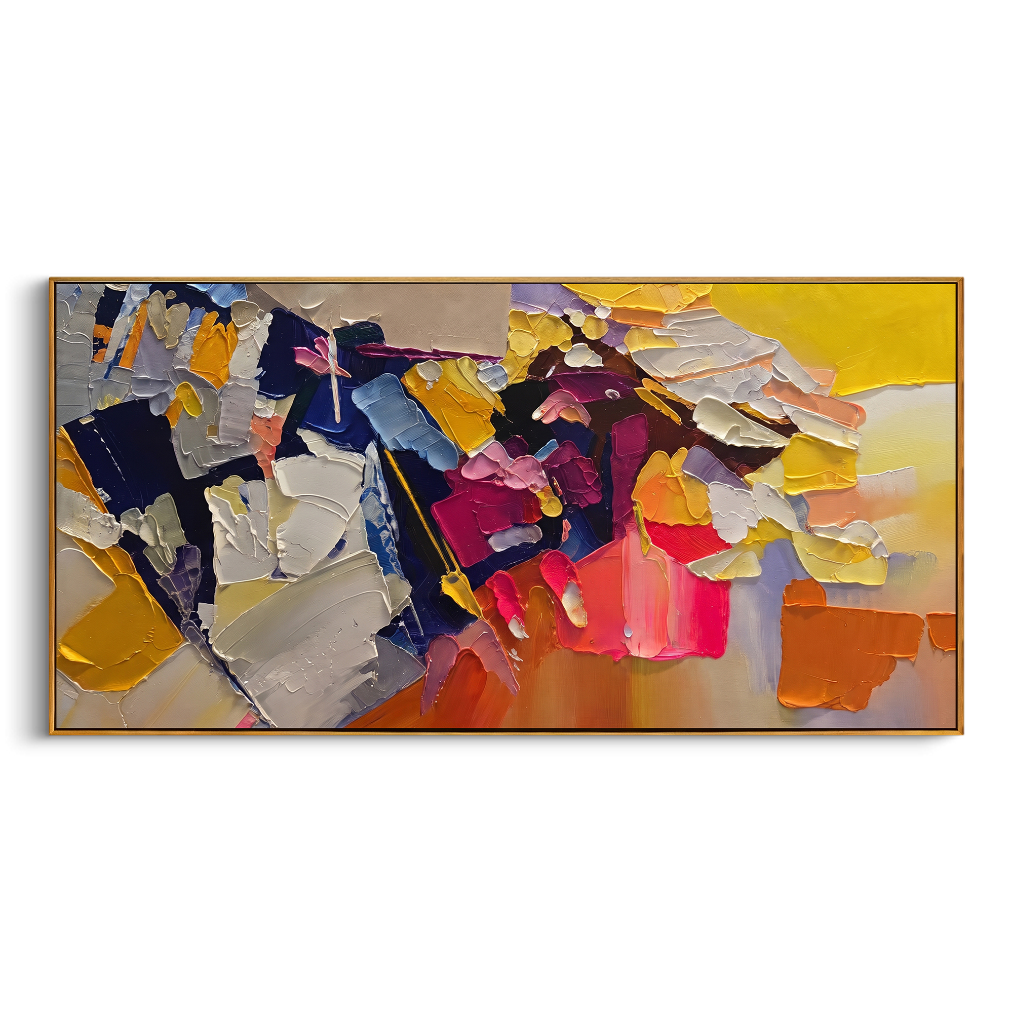 "Panoramic Bohemian Impasto Blocks Painting" focuses on atmosphere, surface movement, and sculptural heavy impasto craftsmanship rather than a fixed literal storyline. The composition uses this hand-painted panoramic canvas presents a wide bohemian impasto abstraction with yellow and cream blocks, deep navy contrasts, magenta and coral accents, grey passages, and sculptural palette-knife layers as the visual anchor, while layered palette-knife paint, raised plaster-like texture, and softened