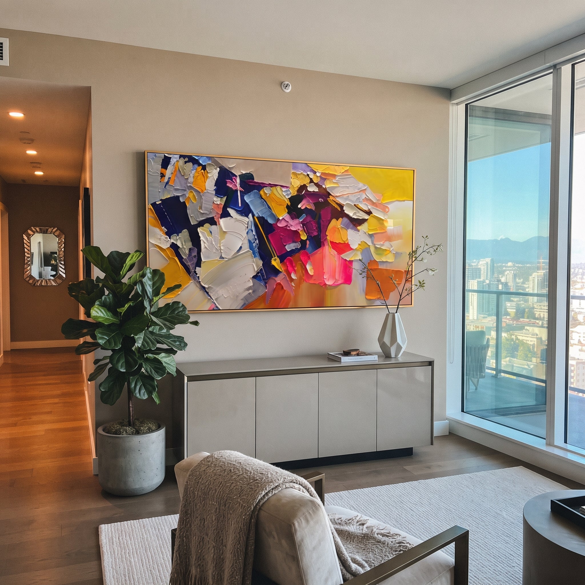 "Panoramic Bohemian Impasto Blocks Painting" focuses on atmosphere, surface movement, and sculptural heavy impasto craftsmanship rather than a fixed literal storyline. The composition uses this hand-painted panoramic canvas presents a wide bohemian impasto abstraction with yellow and cream blocks, deep navy contrasts, magenta and coral accents, grey passages, and sculptural palette-knife layers as the visual anchor, while layered palette-knife paint, raised plaster-like texture, and softened