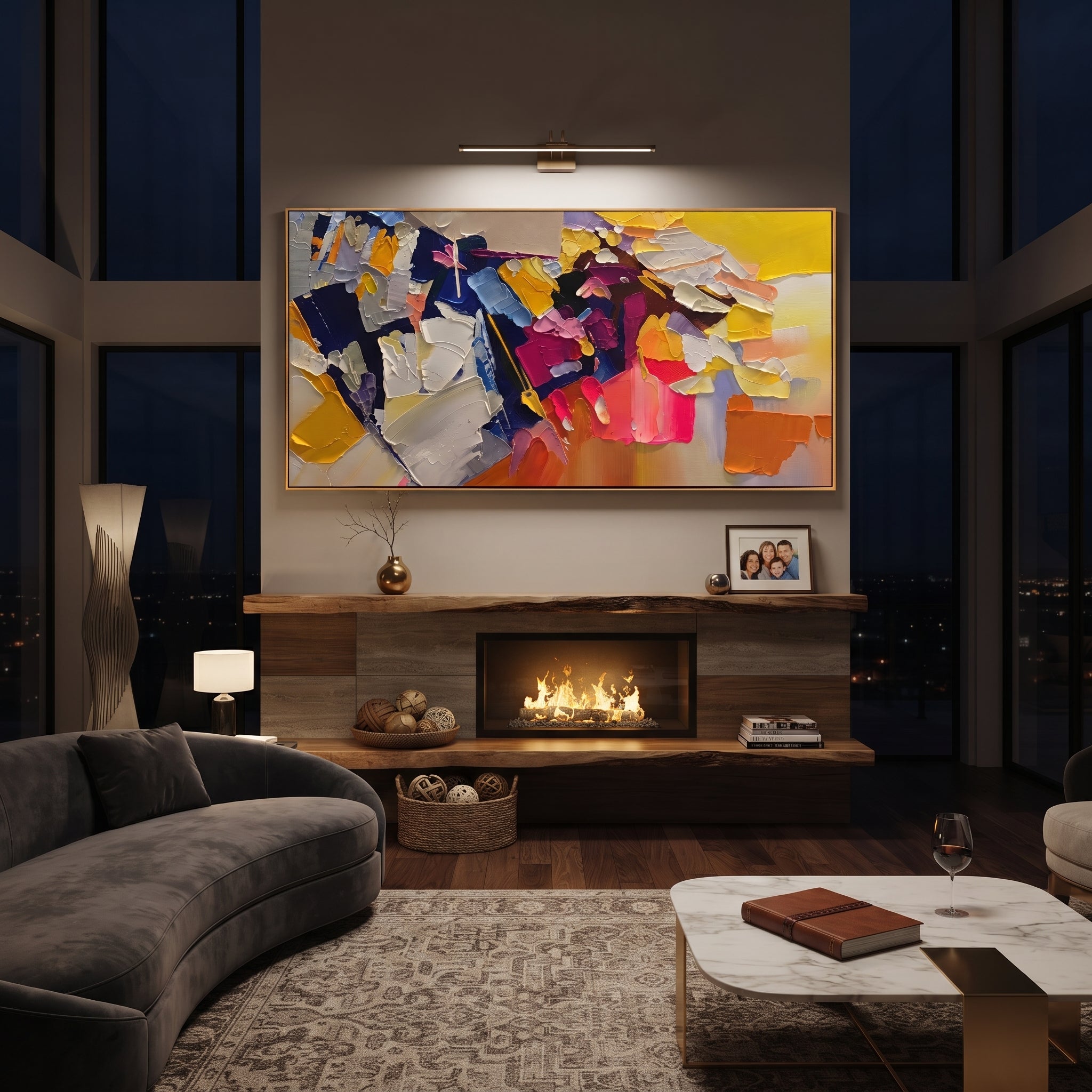 "Panoramic Bohemian Impasto Blocks Painting" focuses on atmosphere, surface movement, and sculptural heavy impasto craftsmanship rather than a fixed literal storyline. The composition uses this hand-painted panoramic canvas presents a wide bohemian impasto abstraction with yellow and cream blocks, deep navy contrasts, magenta and coral accents, grey passages, and sculptural palette-knife layers as the visual anchor, while layered palette-knife paint, raised plaster-like texture, and softened