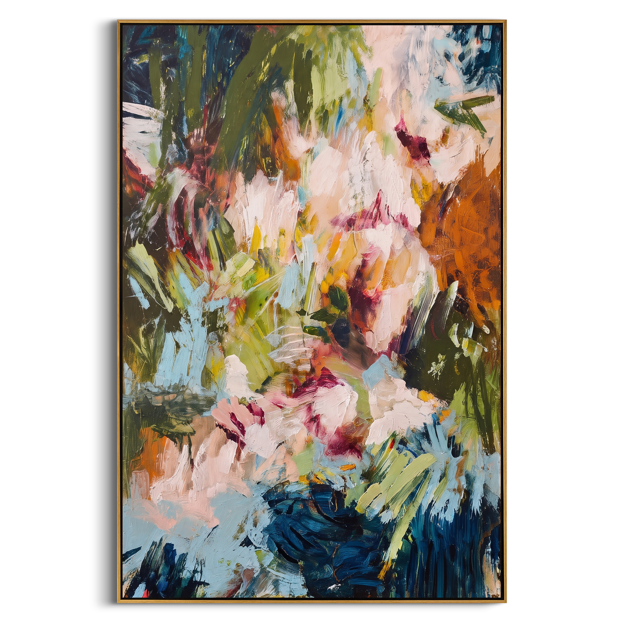 "Deep Garden Bohemian Floral Painting" focuses on atmosphere, surface movement, and sculptural heavy impasto craftsmanship rather than a fixed literal storyline. The composition uses this hand-painted vertical canvas presents a deep green bohemian floral abstract with pale blush blossoms, blue botanical strokes, orange-brown side accents, dark layered foliage, and expressive handmade texture as the visual anchor, while layered palette-knife paint, raised plaster-like texture, and softened brush