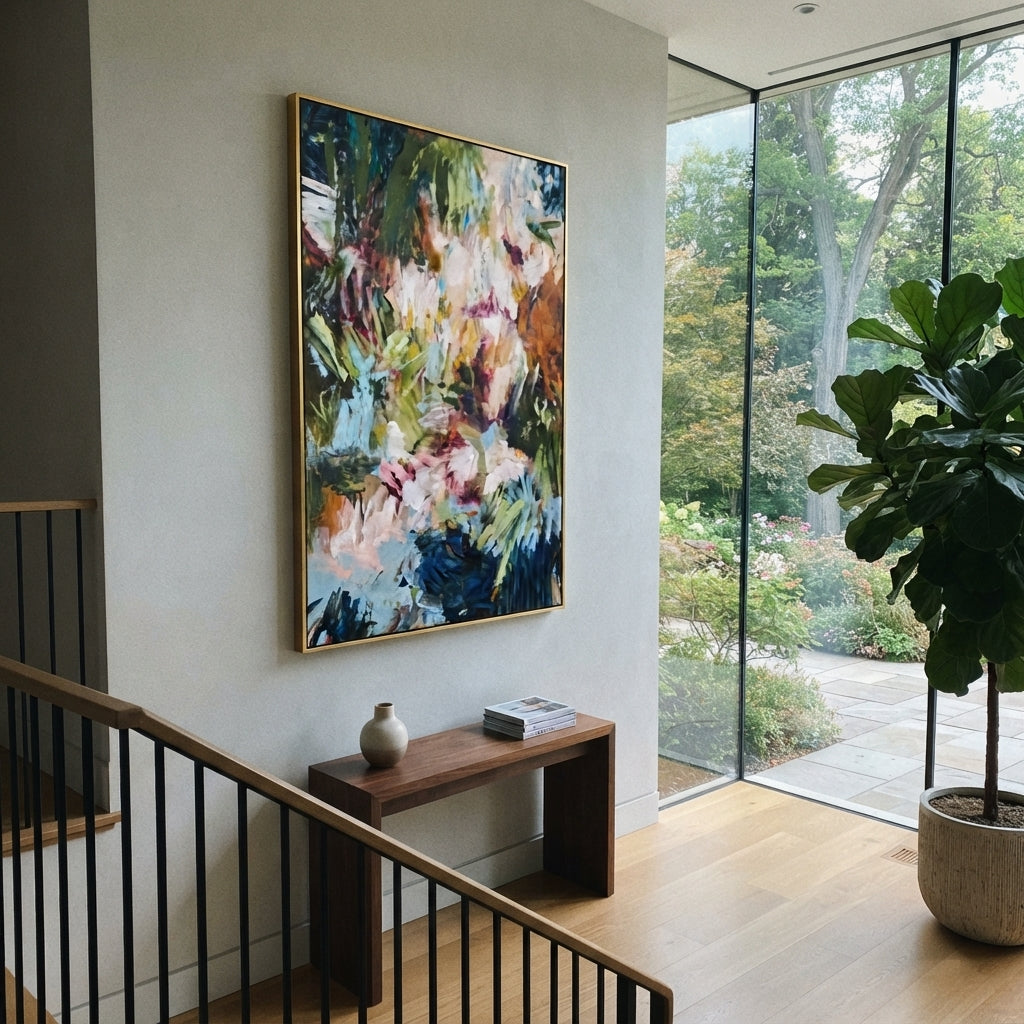 "Deep Garden Bohemian Floral Painting" focuses on atmosphere, surface movement, and sculptural heavy impasto craftsmanship rather than a fixed literal storyline. The composition uses this hand-painted vertical canvas presents a deep green bohemian floral abstract with pale blush blossoms, blue botanical strokes, orange-brown side accents, dark layered foliage, and expressive handmade texture as the visual anchor, while layered palette-knife paint, raised plaster-like texture, and softened brush