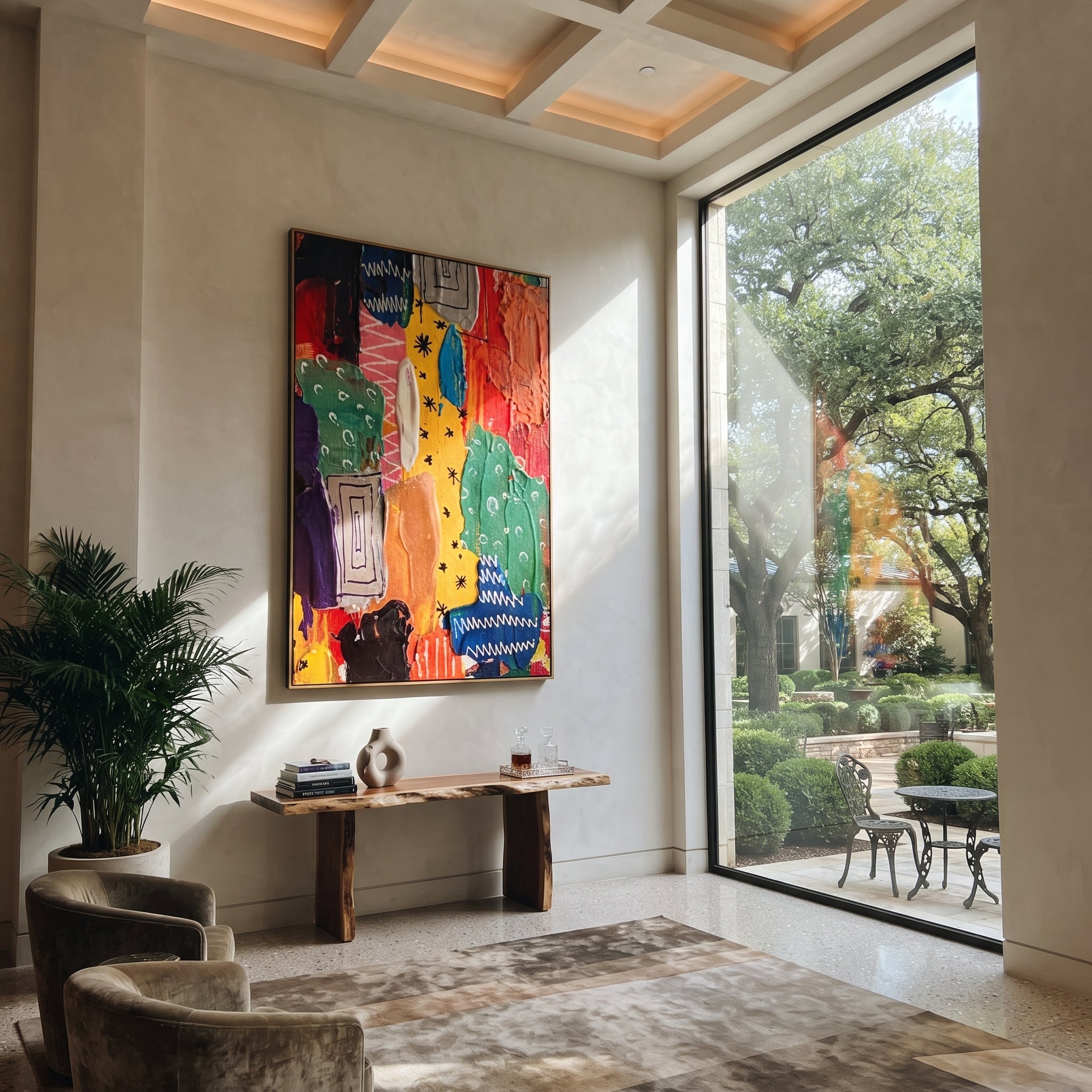 "Bold Bohemian Textile Stripe Painting" focuses on atmosphere, surface movement, and sculptural heavy impasto craftsmanship rather than a fixed literal storyline. The composition uses this hand-painted vertical canvas presents a bold bohemian textile-stripe abstract with red, yellow, green, blue, black, and purple panels, folk-style marks, white zigzags, and thick tactile paint as the visual anchor, while layered palette-knife paint, raised plaster-like texture, and softened brush movement