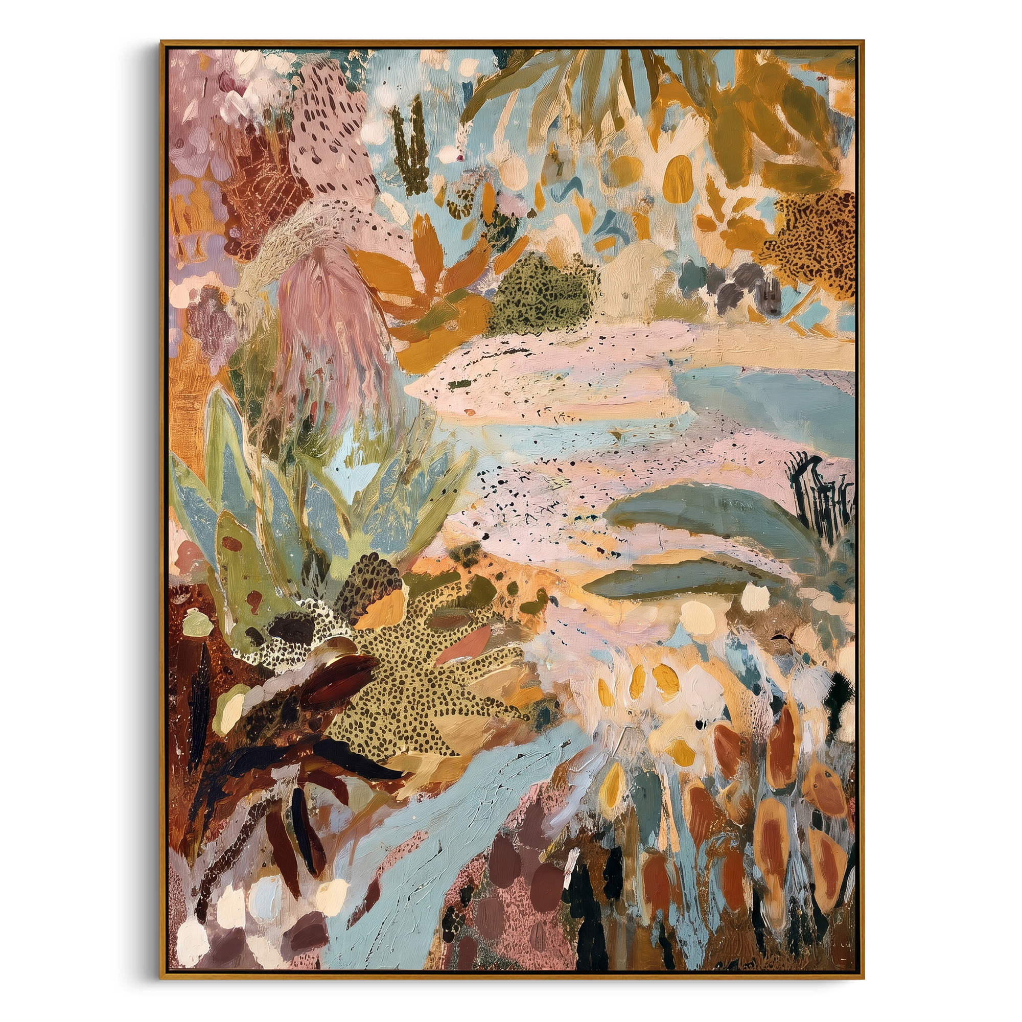 "Bohemian Protea Garden Painting" focuses on atmosphere, surface movement, and sculptural heavy impasto craftsmanship rather than a fixed literal storyline. The composition uses this hand-painted vertical canvas presents a bohemian protea garden abstract with dusty pink blooms, pale blue pathways, ochre leaves, olive green foliage, spotted botanical forms, and layered handmade texture as the visual anchor, while layered palette-knife paint, raised plaster-like texture, and softened brush