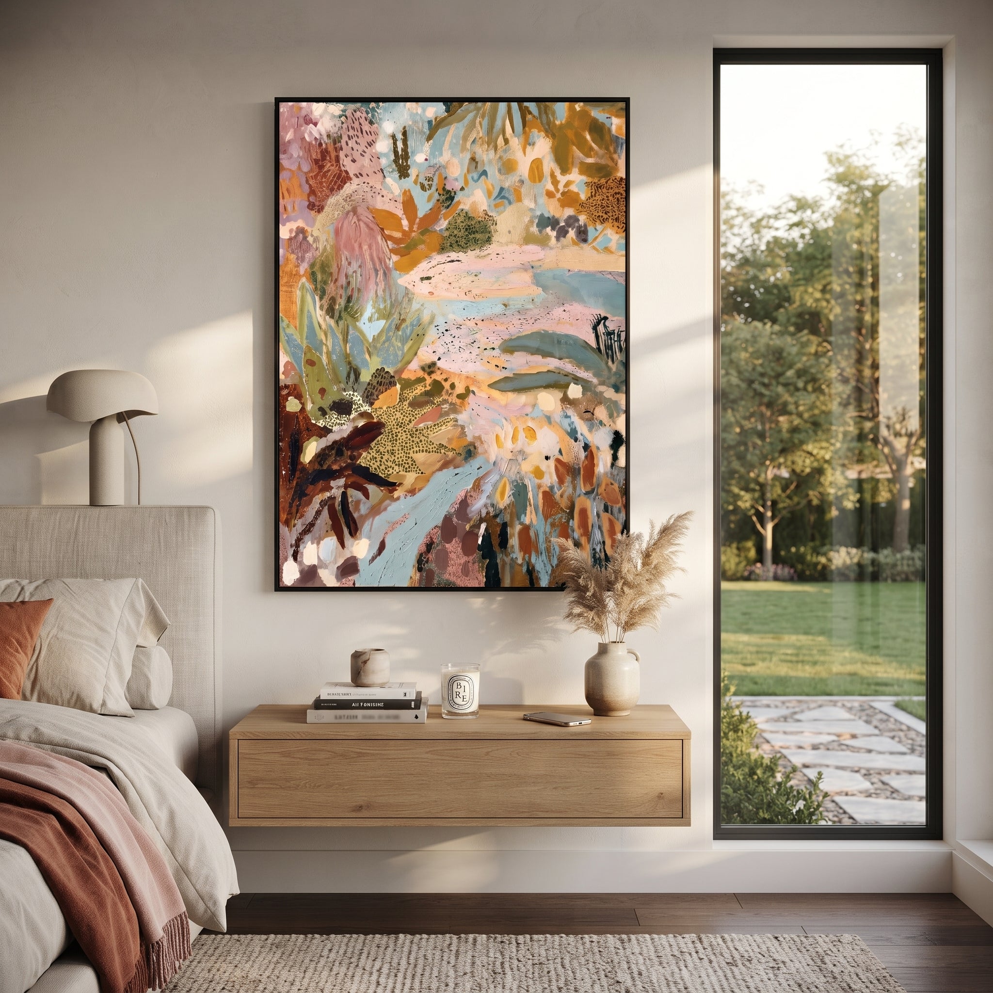 "Bohemian Protea Garden Painting" focuses on atmosphere, surface movement, and sculptural heavy impasto craftsmanship rather than a fixed literal storyline. The composition uses this hand-painted vertical canvas presents a bohemian protea garden abstract with dusty pink blooms, pale blue pathways, ochre leaves, olive green foliage, spotted botanical forms, and layered handmade texture as the visual anchor, while layered palette-knife paint, raised plaster-like texture, and softened brush