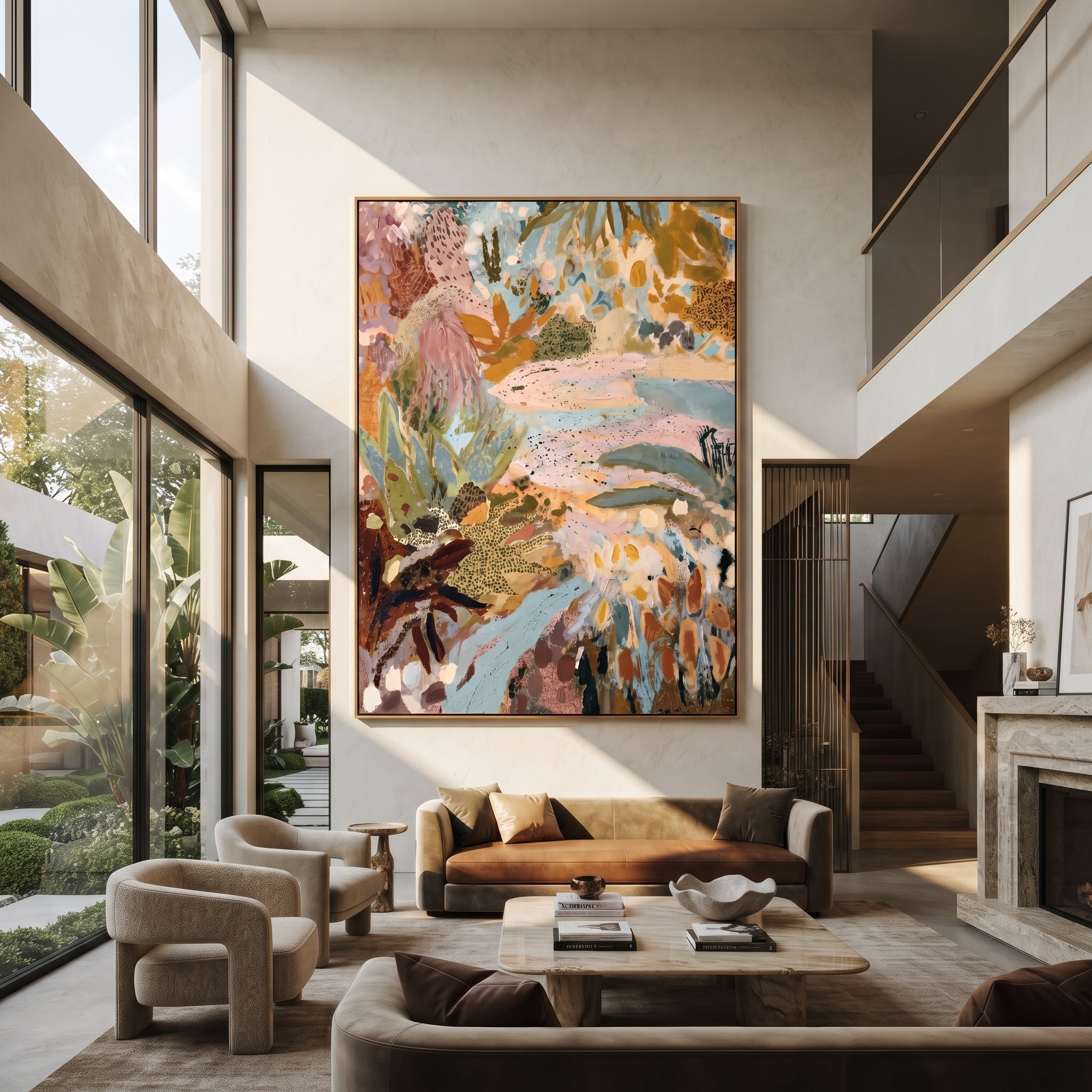 "Bohemian Protea Garden Painting" focuses on atmosphere, surface movement, and sculptural heavy impasto craftsmanship rather than a fixed literal storyline. The composition uses this hand-painted vertical canvas presents a bohemian protea garden abstract with dusty pink blooms, pale blue pathways, ochre leaves, olive green foliage, spotted botanical forms, and layered handmade texture as the visual anchor, while layered palette-knife paint, raised plaster-like texture, and softened brush