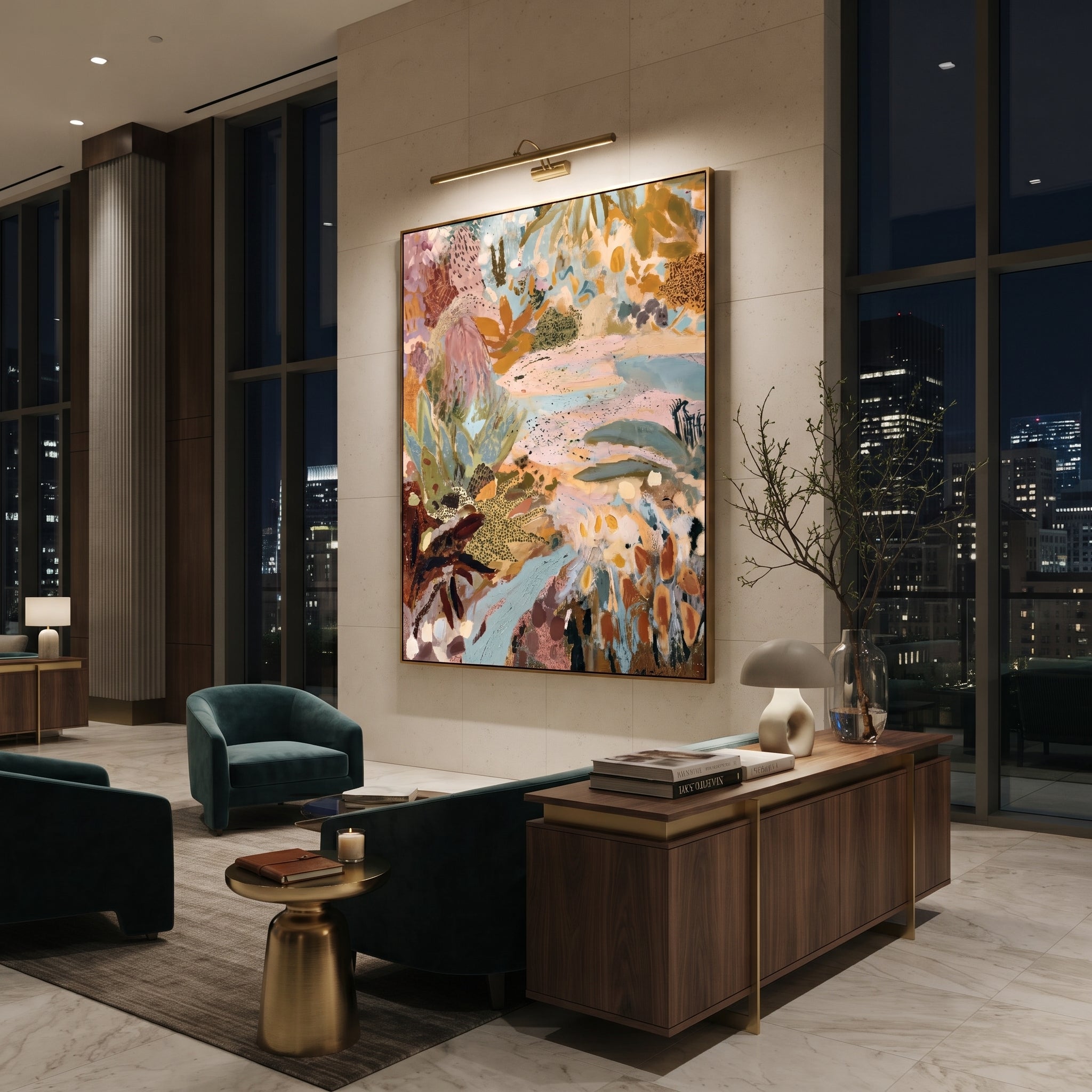 "Bohemian Protea Garden Painting" focuses on atmosphere, surface movement, and sculptural heavy impasto craftsmanship rather than a fixed literal storyline. The composition uses this hand-painted vertical canvas presents a bohemian protea garden abstract with dusty pink blooms, pale blue pathways, ochre leaves, olive green foliage, spotted botanical forms, and layered handmade texture as the visual anchor, while layered palette-knife paint, raised plaster-like texture, and softened brush