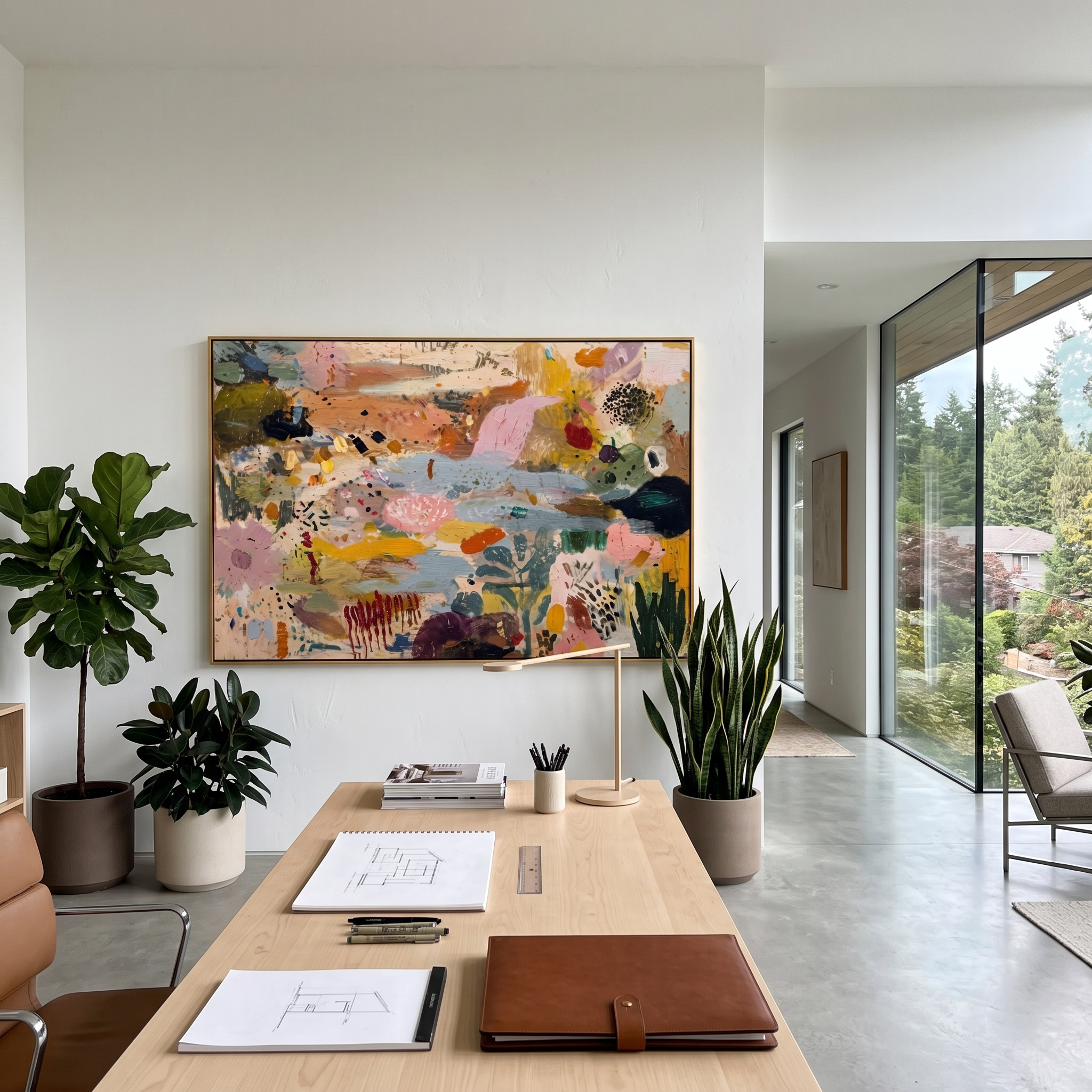 "Bohemian Garden Horizon Painting" focuses on atmosphere, surface movement, and sculptural heavy impasto craftsmanship rather than a fixed literal storyline. The composition uses this hand-painted horizontal canvas presents a bohemian garden horizon abstract with soft blue passages, blush pink fields, ochre and orange marks, dark green foliage shapes, dotted accents, and raised palette-knife texture as the visual anchor, while layered palette-knife paint, raised plaster-like texture, and