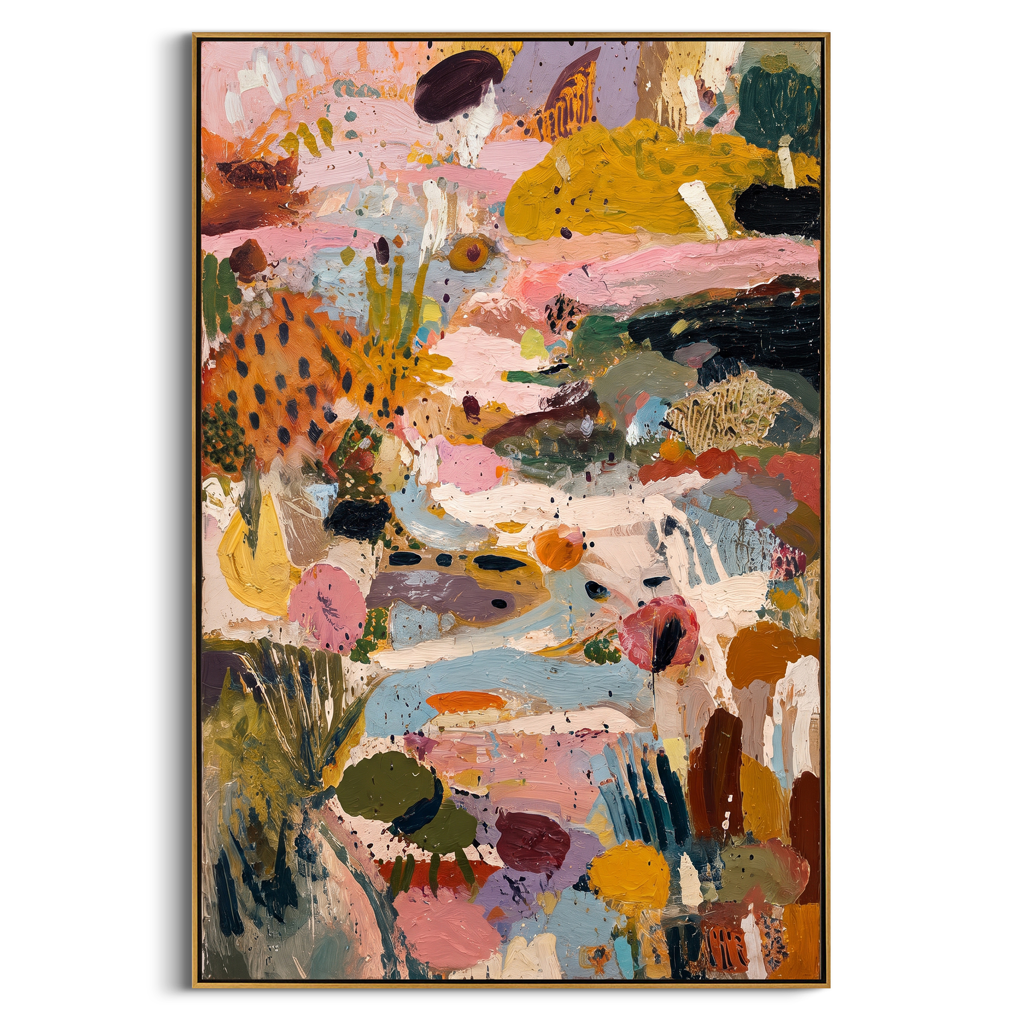 "Vertical Bohemian Garden Abstract Painting" focuses on atmosphere, surface movement, and sculptural heavy impasto craftsmanship rather than a fixed literal storyline. The composition uses this hand-painted vertical canvas presents a vertical bohemian garden abstract with pale blue movement, dusty pink and ochre fields, black accents, green botanical shapes, cream strokes, and richly raised texture as the visual anchor, while layered palette-knife paint, raised plaster-like texture, and softened