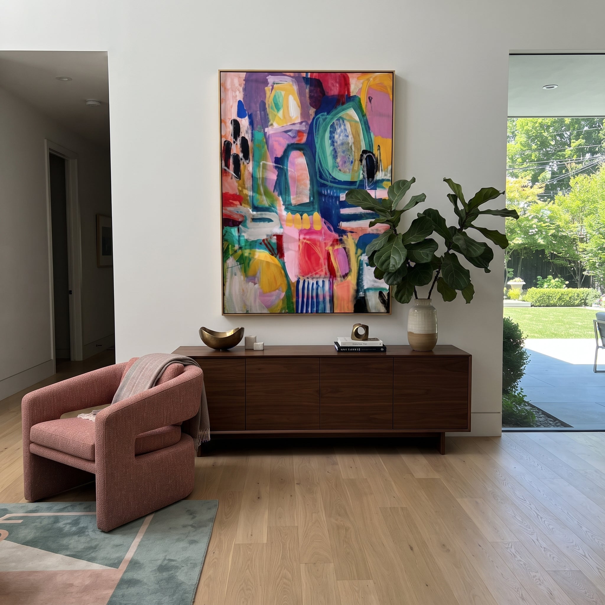 "Bright Bohemian Window Abstract Painting" focuses on atmosphere, surface movement, and sculptural heavy impasto craftsmanship rather than a fixed literal storyline. The composition uses this hand-painted vertical canvas presents a bright bohemian window-like abstract with turquoise arches, hot pink fields, yellow blocks, deep blue structure, red and purple accents, black marks, and expressive layered brushwork as the visual anchor, while layered palette-knife paint, raised plaster-like texture