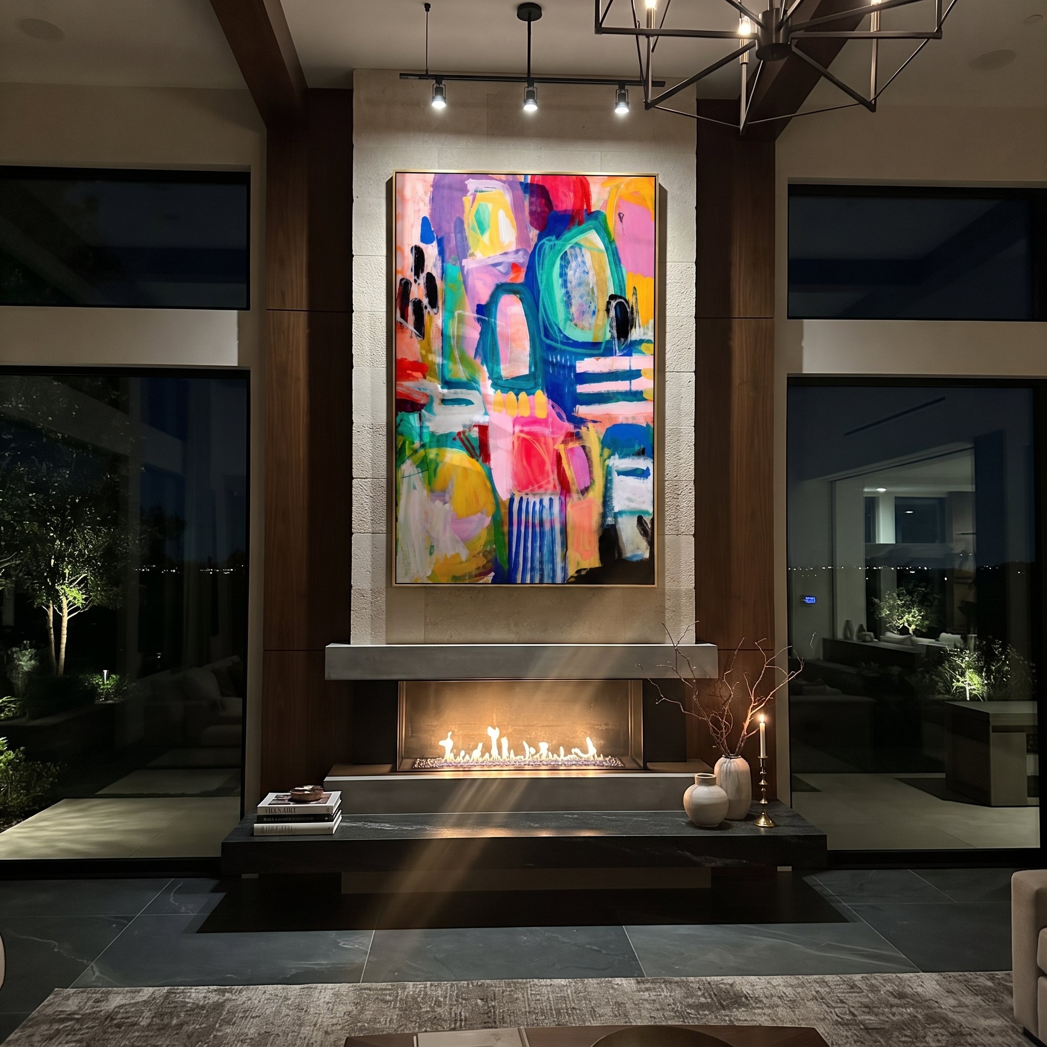 "Bright Bohemian Window Abstract Painting" focuses on atmosphere, surface movement, and sculptural heavy impasto craftsmanship rather than a fixed literal storyline. The composition uses this hand-painted vertical canvas presents a bright bohemian window-like abstract with turquoise arches, hot pink fields, yellow blocks, deep blue structure, red and purple accents, black marks, and expressive layered brushwork as the visual anchor, while layered palette-knife paint, raised plaster-like texture