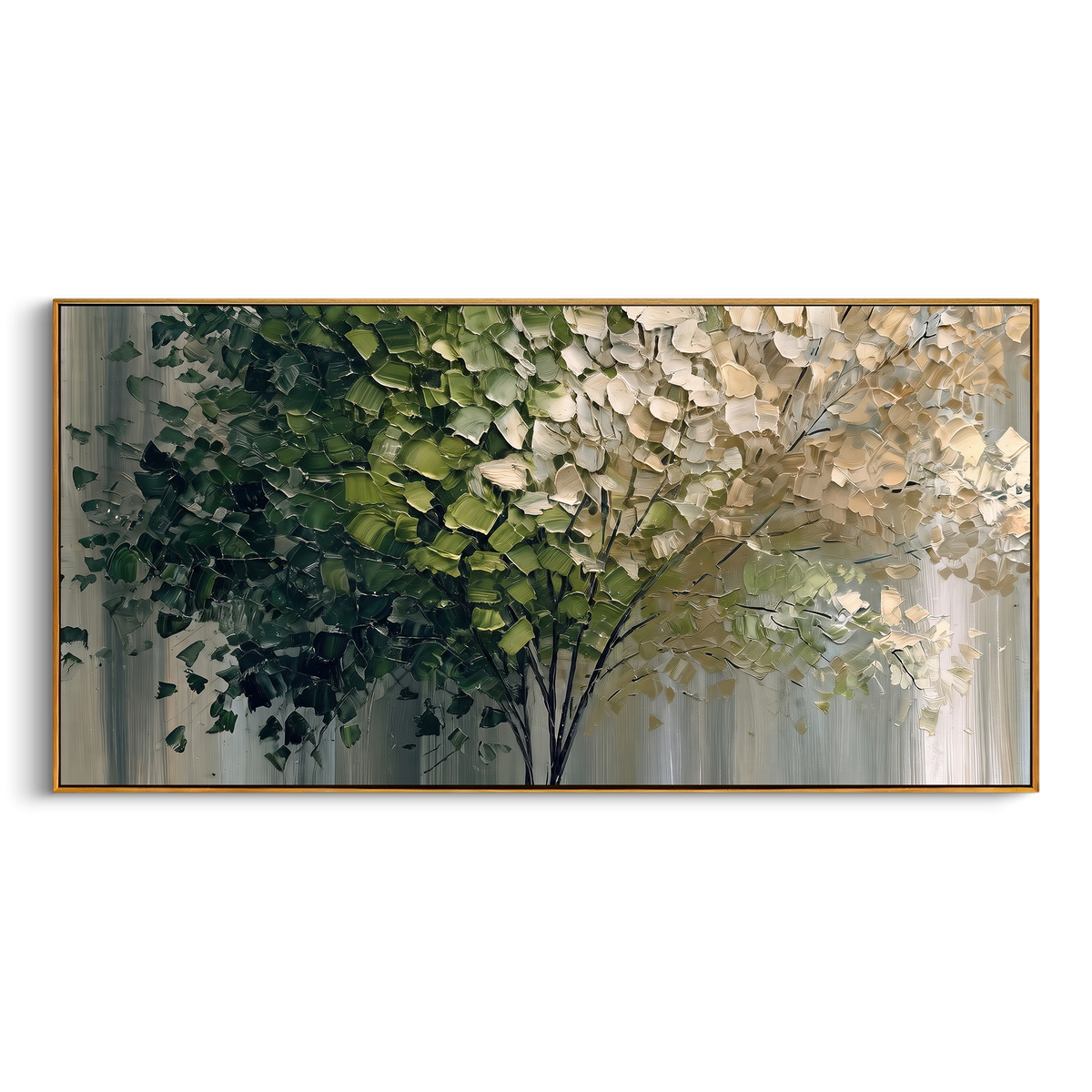"Deep Green White Canopy Painting" focuses on atmosphere, surface movement, and sculptural heavy impasto craftsmanship rather than a fixed literal storyline. The composition uses this hand-painted panoramic canvas presents a layered forest canopy with deep green leaves on the left, creamy white foliage on the right, slender dark branches, a soft grey-green ground, and thick raised palette-knife texture as the visual anchor, while layered palette-knife paint, raised plaster-like texture, and