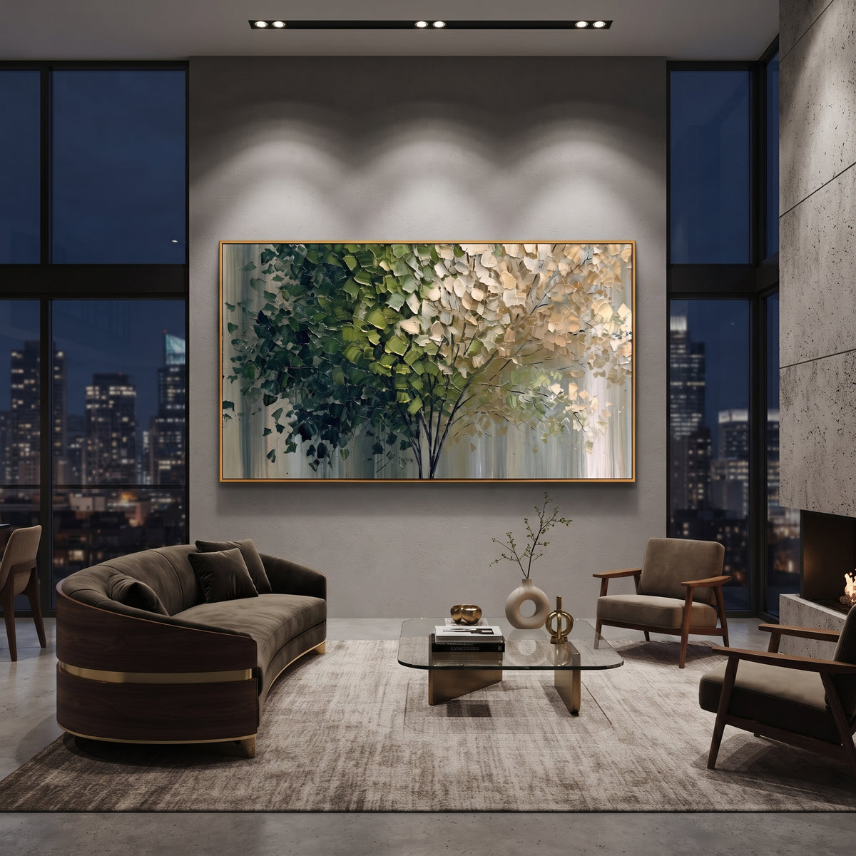 "Deep Green White Canopy Painting" focuses on atmosphere, surface movement, and sculptural heavy impasto craftsmanship rather than a fixed literal storyline. The composition uses this hand-painted panoramic canvas presents a layered forest canopy with deep green leaves on the left, creamy white foliage on the right, slender dark branches, a soft grey-green ground, and thick raised palette-knife texture as the visual anchor, while layered palette-knife paint, raised plaster-like texture, and