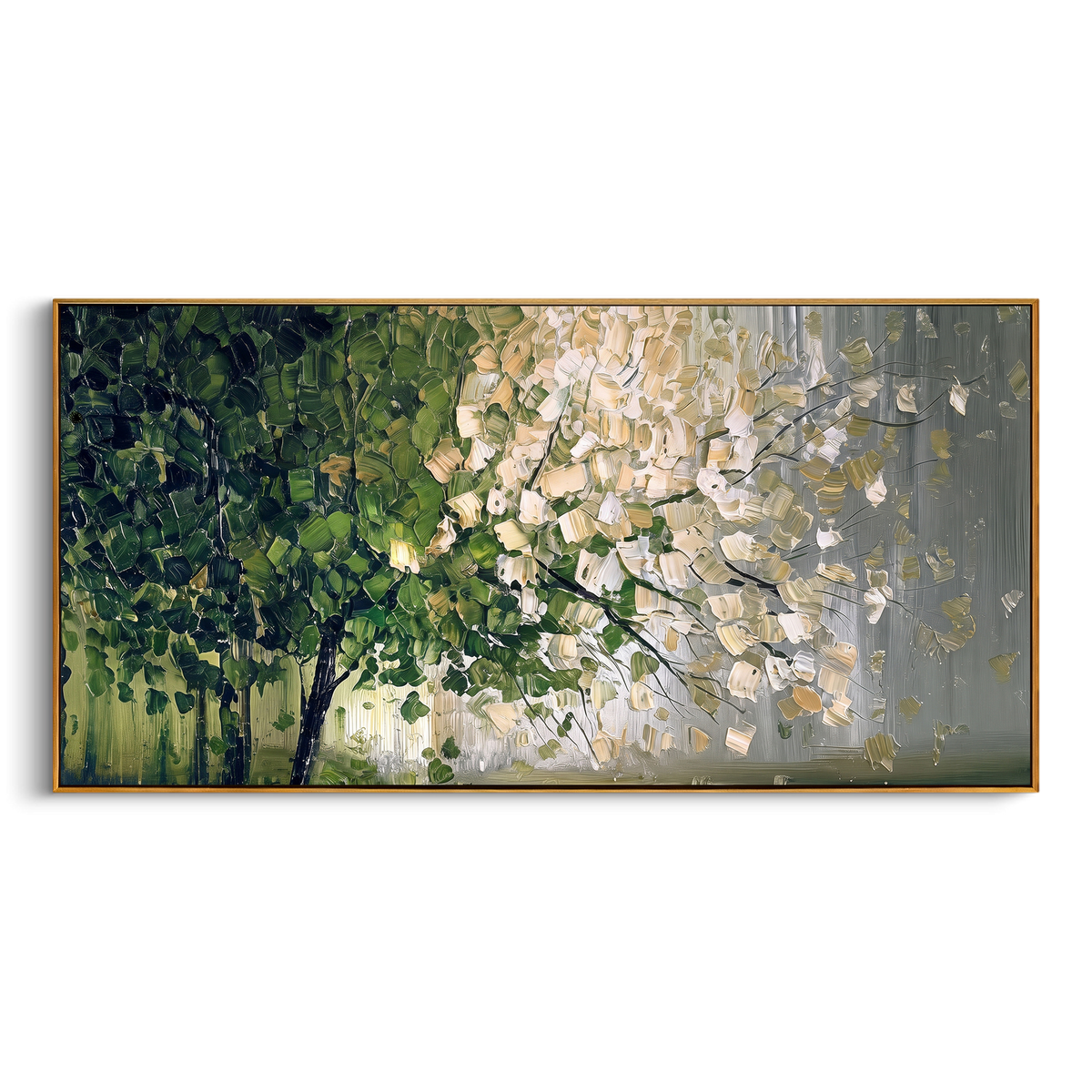 "Woodland Blossom Branch Painting" focuses on atmosphere, surface movement, and sculptural heavy impasto craftsmanship rather than a fixed literal storyline. The composition uses this hand-painted panoramic canvas features a woodland branch composition with dark green foliage, pale cream leaf clusters, fine black branch lines, a cool grey background, and tactile impasto strokes across the tree canopy as the visual anchor, while layered palette-knife paint, raised plaster-like texture, and