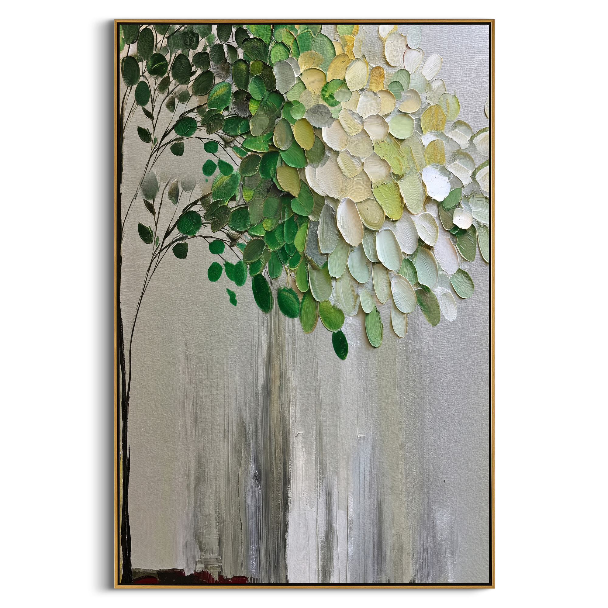 "Vertical Green White Tree Painting" focuses on atmosphere, surface movement, and sculptural heavy impasto craftsmanship rather than a fixed literal storyline. The composition uses this hand-painted vertical canvas shows a slender tree rising against a muted grey background, with dark green leaves, white and pale yellow foliage, fine branch lines, and raised textured paint concentrated through the upper canopy as the visual anchor, while layered palette-knife paint, raised plaster-like texture