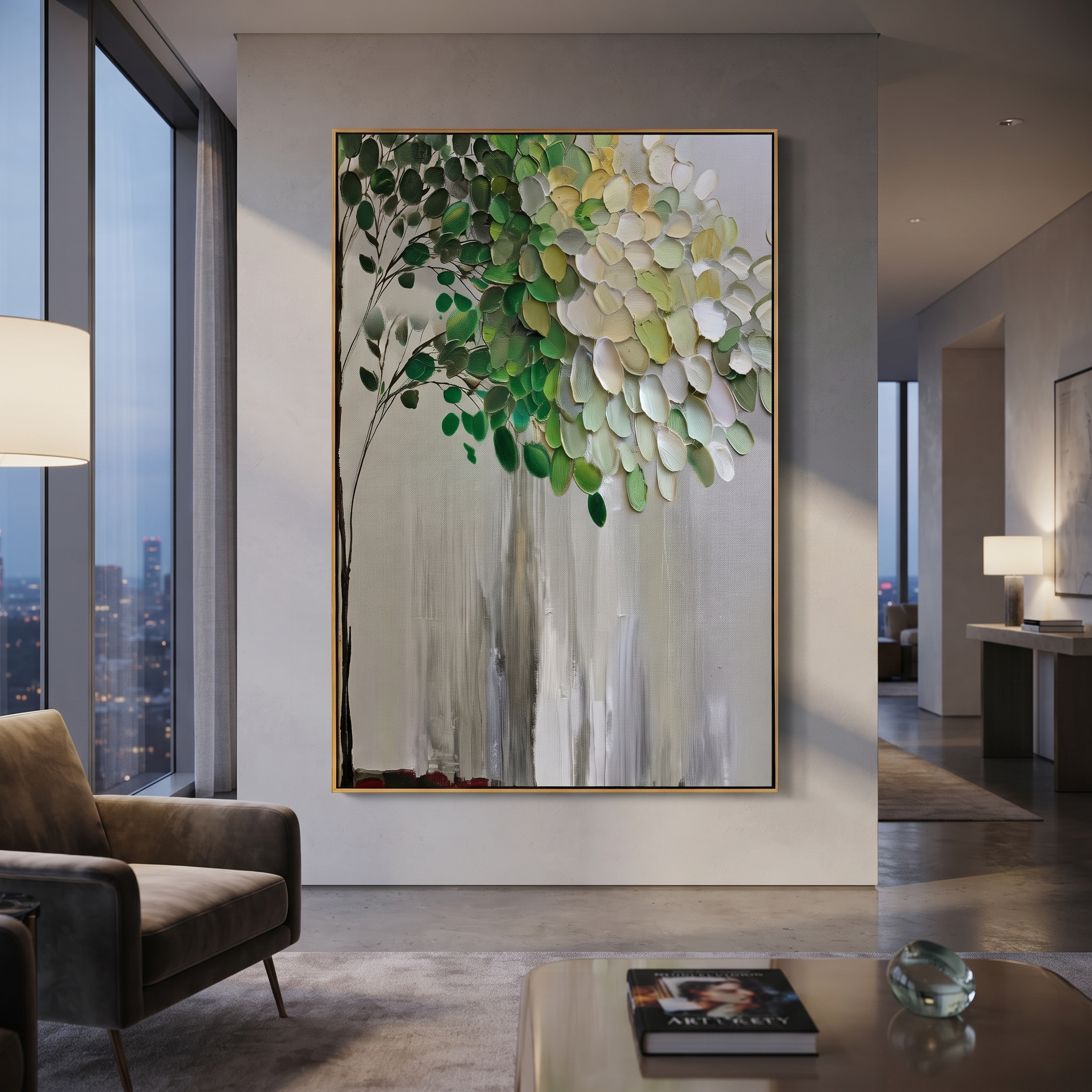 "Vertical Green White Tree Painting" focuses on atmosphere, surface movement, and sculptural heavy impasto craftsmanship rather than a fixed literal storyline. The composition uses this hand-painted vertical canvas shows a slender tree rising against a muted grey background, with dark green leaves, white and pale yellow foliage, fine branch lines, and raised textured paint concentrated through the upper canopy as the visual anchor, while layered palette-knife paint, raised plaster-like texture