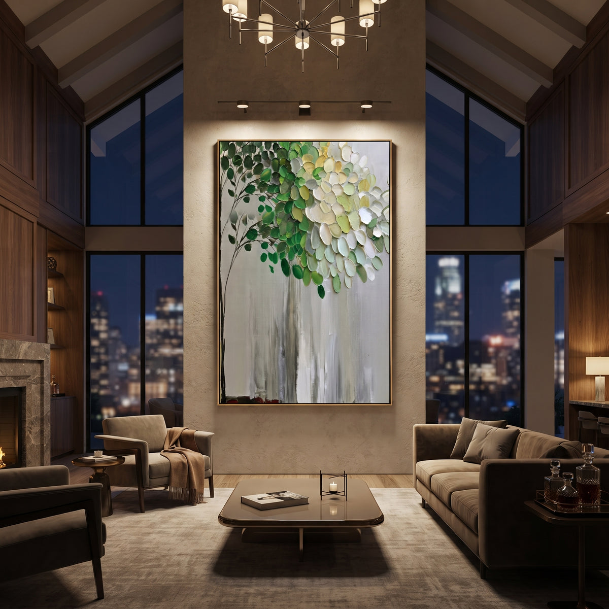 "Vertical Green White Tree Painting" focuses on atmosphere, surface movement, and sculptural heavy impasto craftsmanship rather than a fixed literal storyline. The composition uses this hand-painted vertical canvas shows a slender tree rising against a muted grey background, with dark green leaves, white and pale yellow foliage, fine branch lines, and raised textured paint concentrated through the upper canopy as the visual anchor, while layered palette-knife paint, raised plaster-like texture