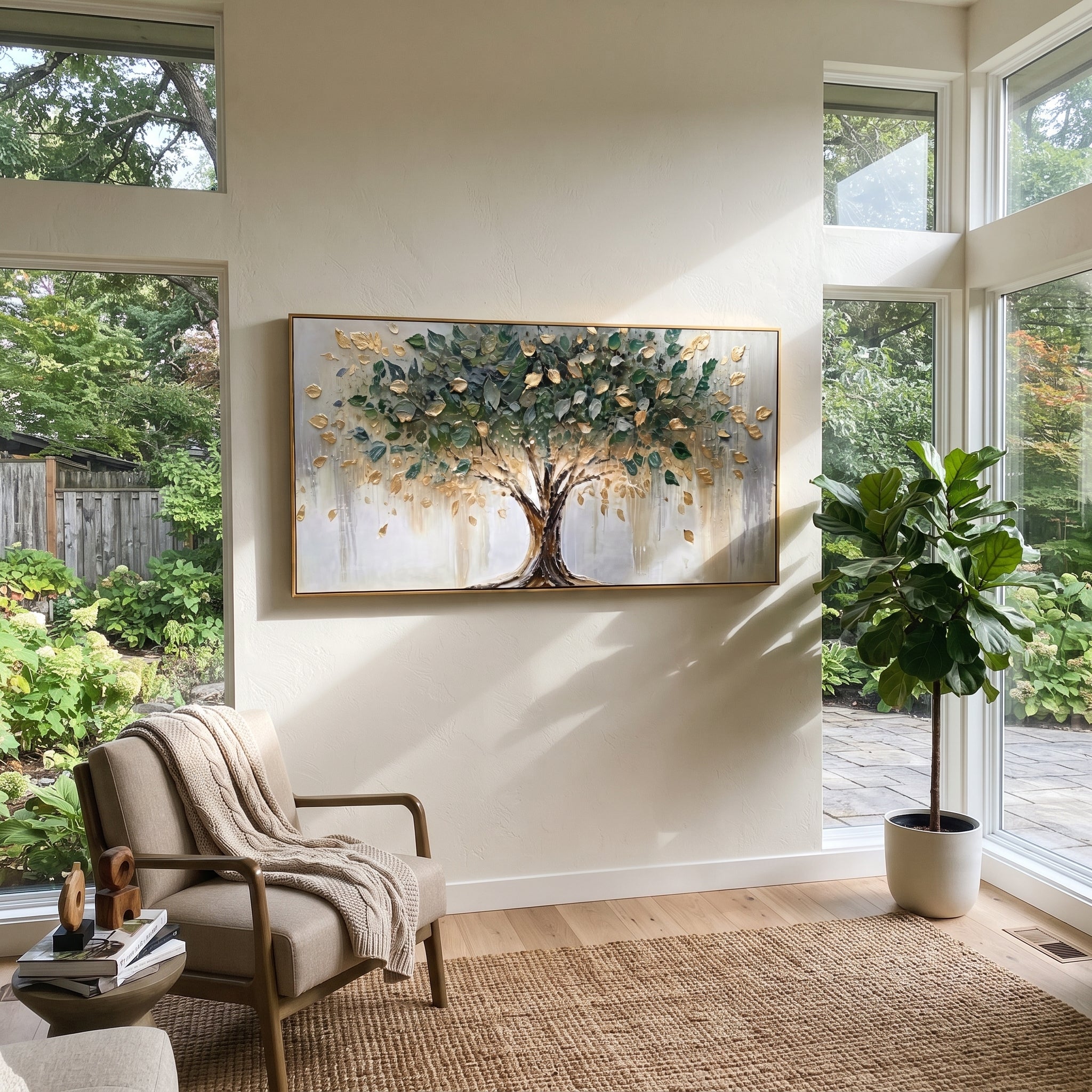 "Golden Leaf Tree Painting" focuses on atmosphere, surface movement, and sculptural heavy impasto craftsmanship rather than a fixed literal storyline. The composition uses this hand-painted panoramic canvas presents a centered tree with sweeping branches, deep green foliage, metallic golden leaves, a bright white-grey background, and sculpted impasto texture that gives the leaves a dimensional handmade surface as the visual anchor, while layered palette-knife paint, raised plaster-like texture
