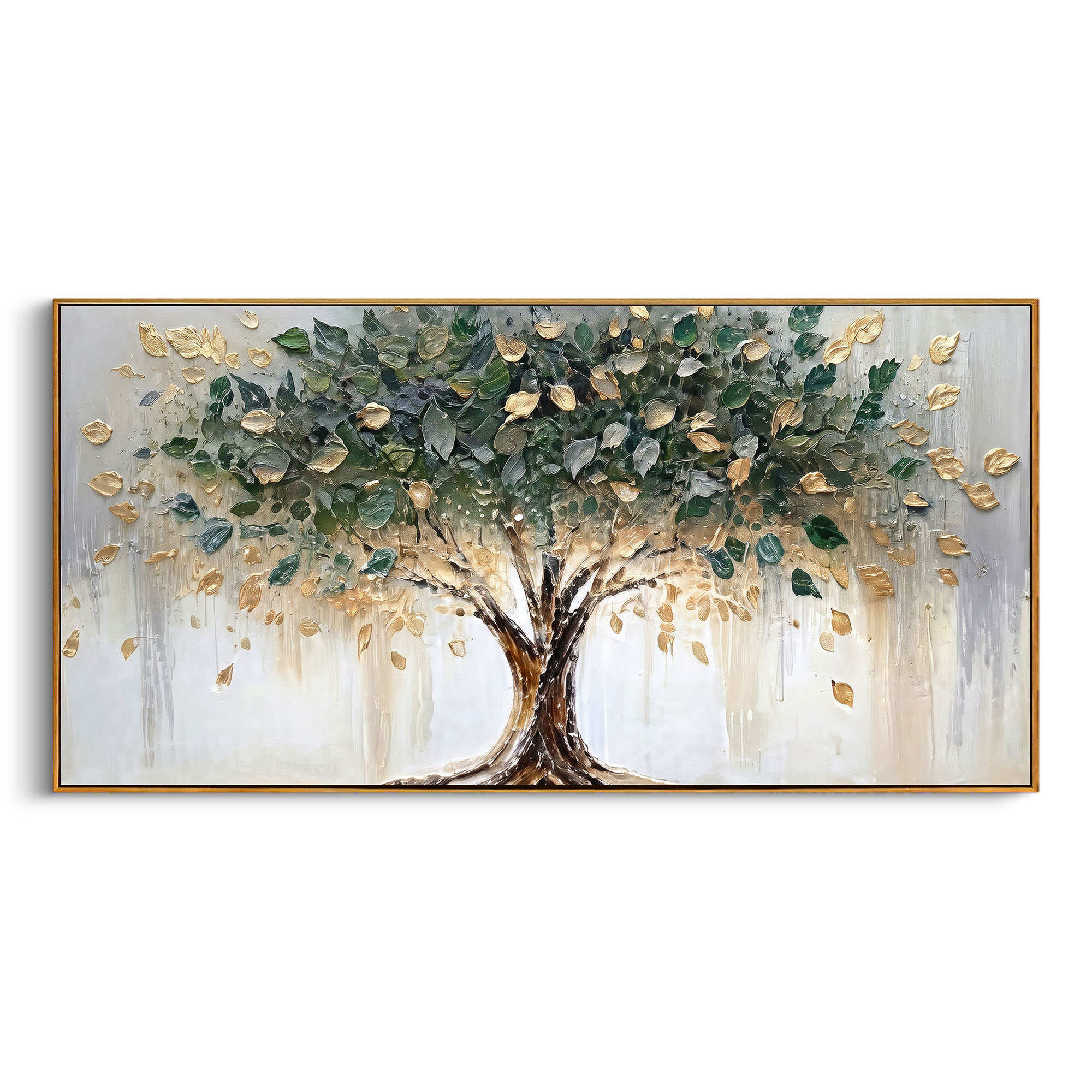 "Golden Leaf Tree Painting" focuses on atmosphere, surface movement, and sculptural heavy impasto craftsmanship rather than a fixed literal storyline. The composition uses this hand-painted panoramic canvas presents a centered tree with sweeping branches, deep green foliage, metallic golden leaves, a bright white-grey background, and sculpted impasto texture that gives the leaves a dimensional handmade surface as the visual anchor, while layered palette-knife paint, raised plaster-like texture